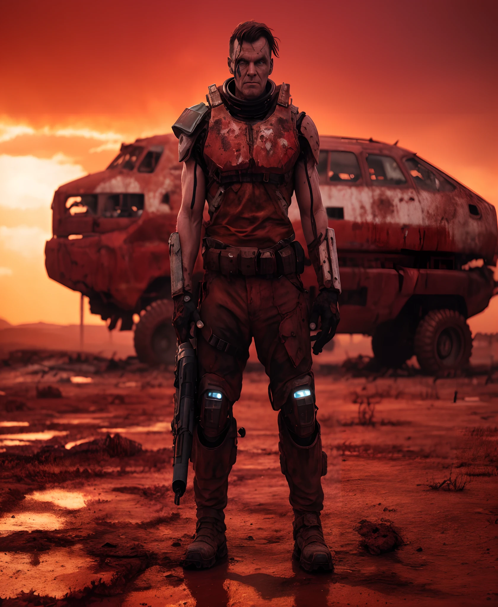 In a post-apocalyptic wasteland, the mind-bending meatloaf entity cyborg stands against a blood-red sky, its form a blend of twisted metal and grotesque flesh, a symbol of technological corruption. The environment is a barren desert, with cracked earth and shattered remnants of civilization scattered around. The atmosphere is suffused with a sense of dread and hopelessness, as if the world itself is on the brink of collapse. The style is a dramatic digital painting, using bo

, ((detailed face and eyes)),