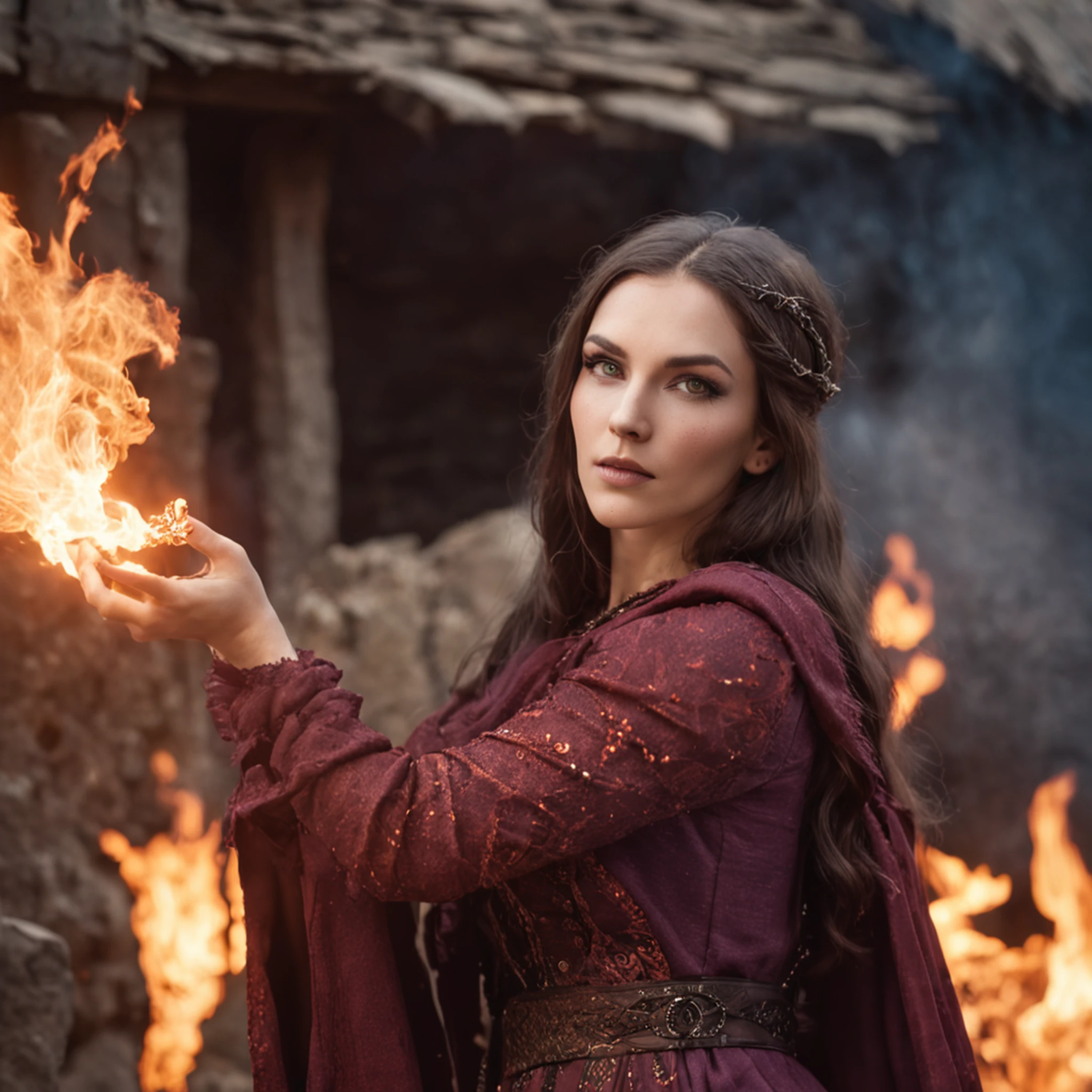modelshoot style, waist up, award winning digital art of a beautiful sorceress conjuring fire, fully clothed, in a burning and destroyed fantasy village, detailed eyes, magical, d&d, masterpiece, best quality, high contrast, soft lighting, backlighting, bloom, light sparkles, chromatic aberration, smooth, sharp focus