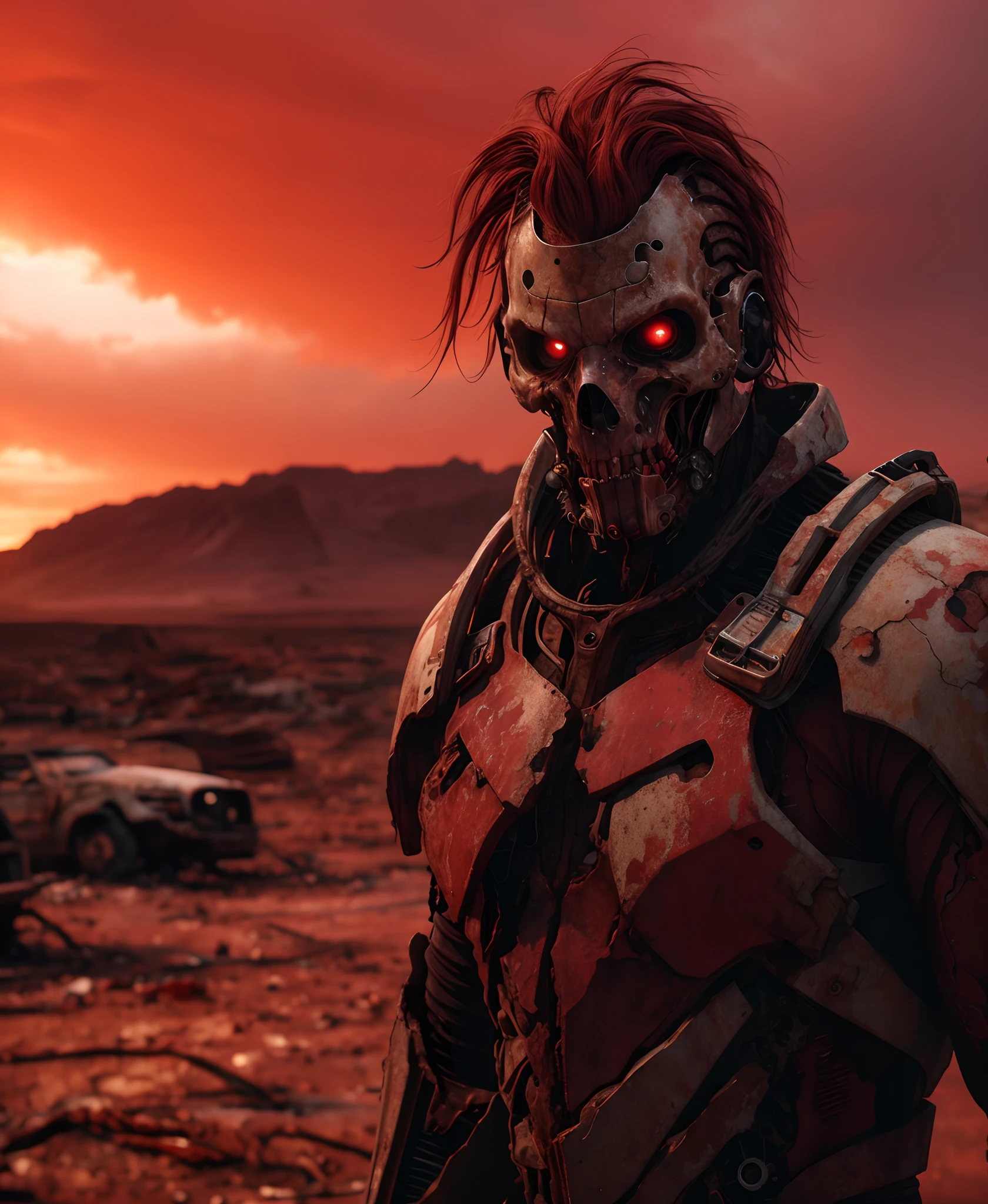 In a post-apocalyptic wasteland, the mind-bending meatloaf entity cyborg stands against a blood-red sky, its form a blend of twisted metal and grotesque flesh, a symbol of technological corruption. The environment is a barren desert, with cracked earth and shattered remnants of civilization scattered around. The atmosphere is suffused with a sense of dread and hopelessness, as if the world itself is on the brink of collapse. The style is a dramatic digital painting, using bo
, ((detailed face and eyes)),