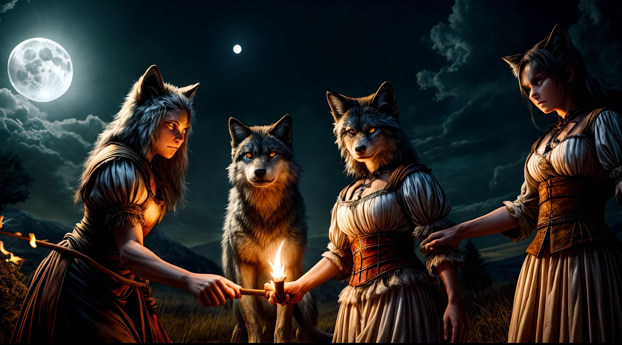 An ultra-detailed 16:9 panoramic image with professional photographic quality of a night scene in a moonlit forest. It was captured with a Canon EOS-1D X Mark III and a tripod-mounted Canon EF 70-200mm f/2.8L. The frame shows a lycanthropic werewolf woman standing next to a twisted tree, looking back with feline yellow eyes and growling, as two angry villagers with torches quickly approach her, one on either side, about to capture her. The wolf woman wears a torn white blouse and a long skirt billowing in the wind. Her face is a mixture of human and wolf features, with pointed ears, a dark nose and menacing fangs. The two villagers' faces are illuminated by torchlight. Their expressions are contorted with anger as they pounce on the wolf woman to trap her, one grabbing her arm, the other pointing a stake at her. The 16:9 panoramic image focuses on the three main characters interacting dramatically, with the moonlight creating a strong chiaroscuro. It is of hyper-realistic photographic quality.