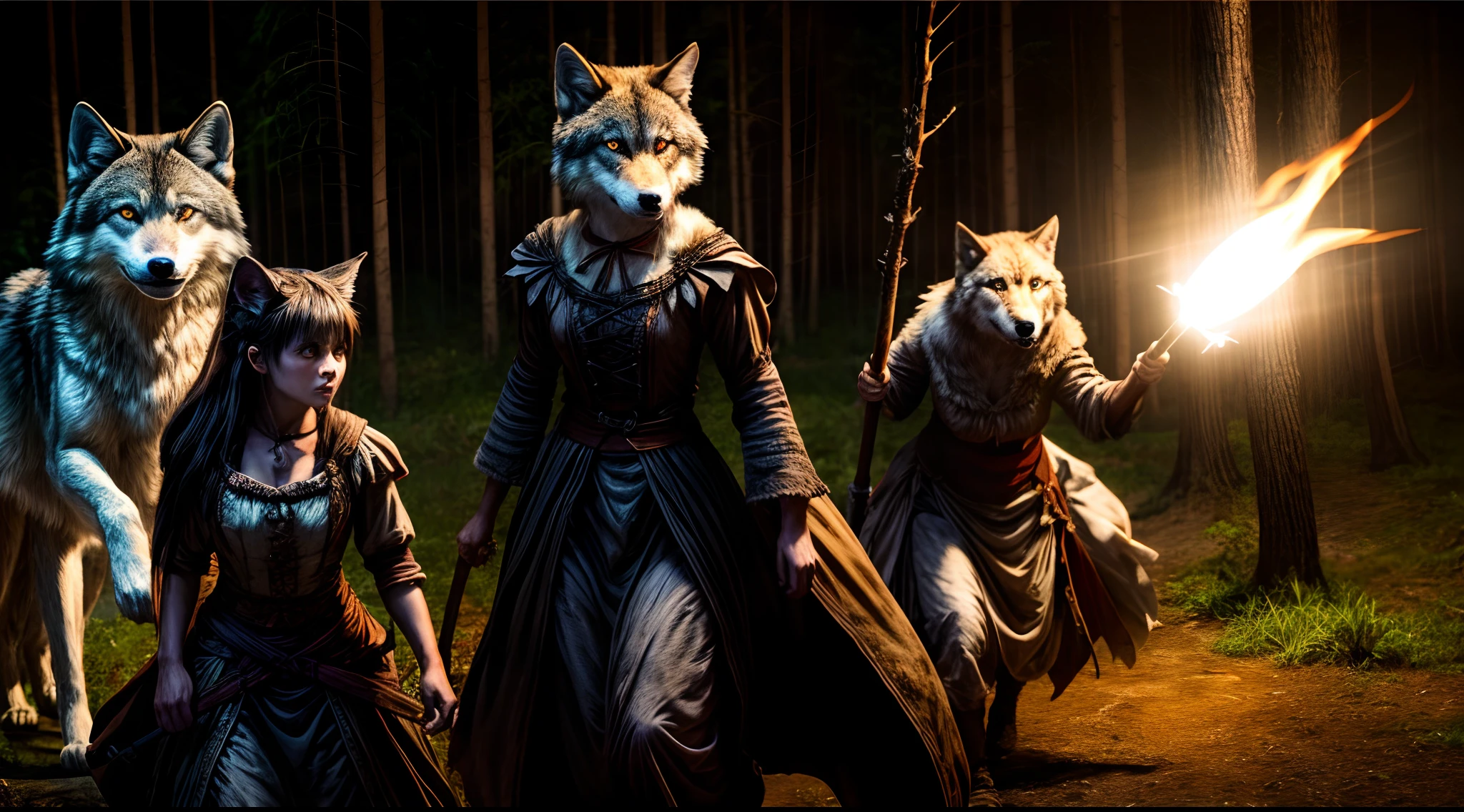 An ultra-detailed 16:9 panoramic image with professional photographic quality of a night scene in a moonlit forest. It was captured with a Canon EOS-1D X Mark III and a tripod-mounted Canon EF 70-200mm f/2.8L. The frame shows a lycanthropic werewolf woman standing next to a twisted tree, looking back with feline yellow eyes and growling, as two angry villagers with torches quickly approach her, one on either side, about to capture her. The wolf woman wears a torn white blouse and a long skirt billowing in the wind. Her face is a mixture of human and wolf features, with pointed ears, a dark nose and menacing fangs. The two villagers' faces are illuminated by torchlight. Their expressions are contorted with anger as they pounce on the wolf woman to trap her, one grabbing her arm, the other pointing a stake at her. The 16:9 panoramic image focuses on the three main characters interacting dramatically, with the moonlight creating a strong chiaroscuro. It is of hyper-realistic photographic quality.