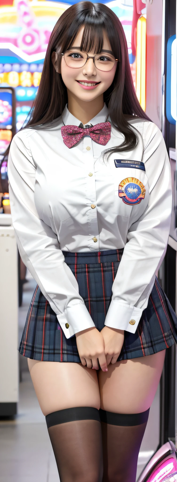 Female staff at a pachinko parlor、Upper Eyes、eye glasses、huge smile、a miniskirt、