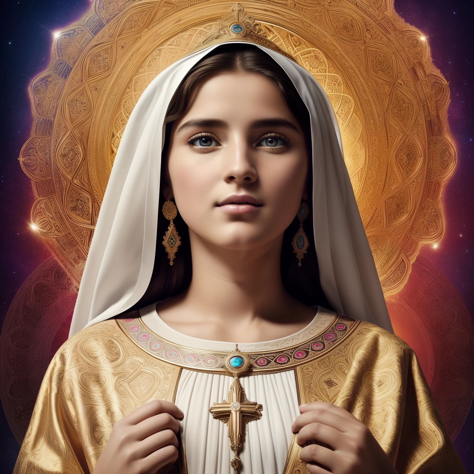 ((Blessed Virgin Mary of LOURDES, 19 year old,  de rostro y aspecto anglosajona))) (((Con una cara seria y piadosa. Con una mirada dulce y tierna))) (obra maestra, calidad superior, mejor calidad, arte oficial, beautiful and aesthetic: 1.2),  extremadamente detallado, (Arte fractal: 1.3), colorido, highest detailed, Cara perfecta, parte superior del cuerpo, HDR, (orando: 1.3), (golden lines of white coat: 1.2),  eye-catching visuals, colores vibrantes. ultra detallado, 8k, HDR. Grado de color profesional, ambiance, profundidad asombrosa, colores ricos, powerful imagery, Psychedelic overtones, 4k, 8k,obra maestra,...