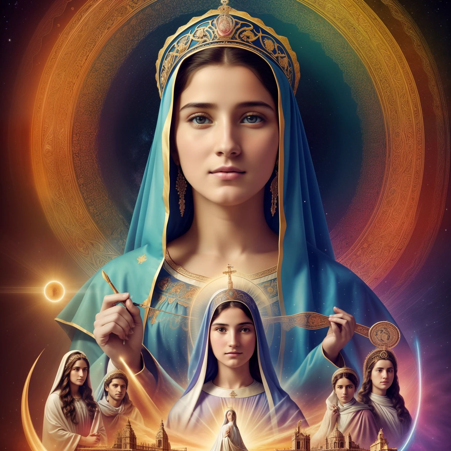 ((Blessed Virgin Mary of LOURDES, 19 year old, de rostro y aspecto anglosajona))) (((Con una cara seria y piadosa. Con una mirada dulce y tierna))) (obra maestra, calidad superior, mejor calidad, arte oficial, beautiful and aesthetic: 1.2), extremadamente detallado, (Arte fractal: 1.3), colorido, highest detailed, Cara perfecta, parte superior del cuerpo, HDR, (orando: 1.3), (golden lines of white coat: 1.2), eye-catching visuals, colores vibrantes. ultra detallado, 8k, HDR. Grado de color profesional, ambiance, profundidad asombrosa, colores ricos, powerful imagery, Psychedelic overtones, 4k, 8k,obra maestra,...