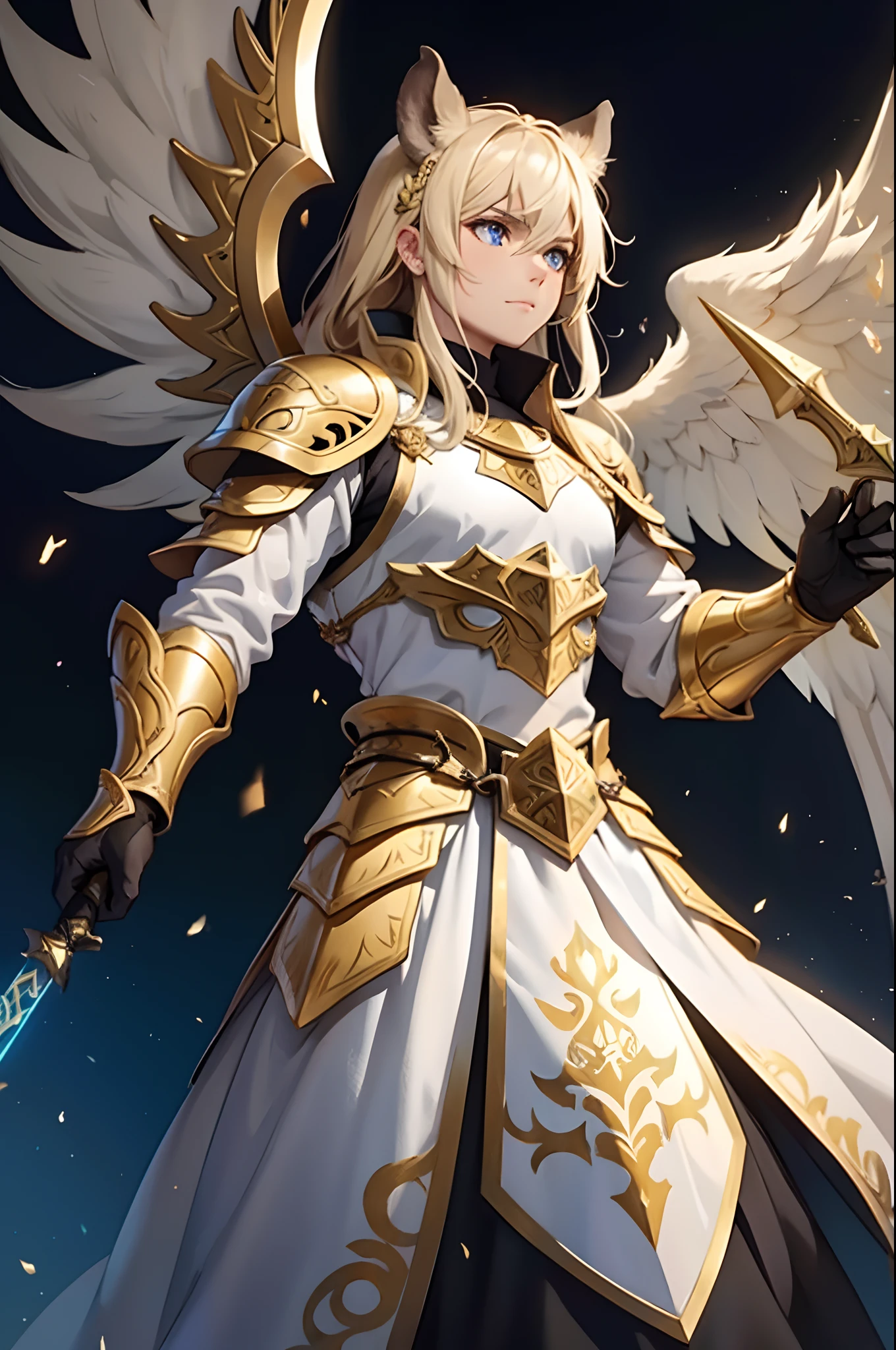 Wild Boar with golden luminescent fur, white armor with gold trim, a glowing golden sword, shield, wings made of light, Masterpiece, Best Quality