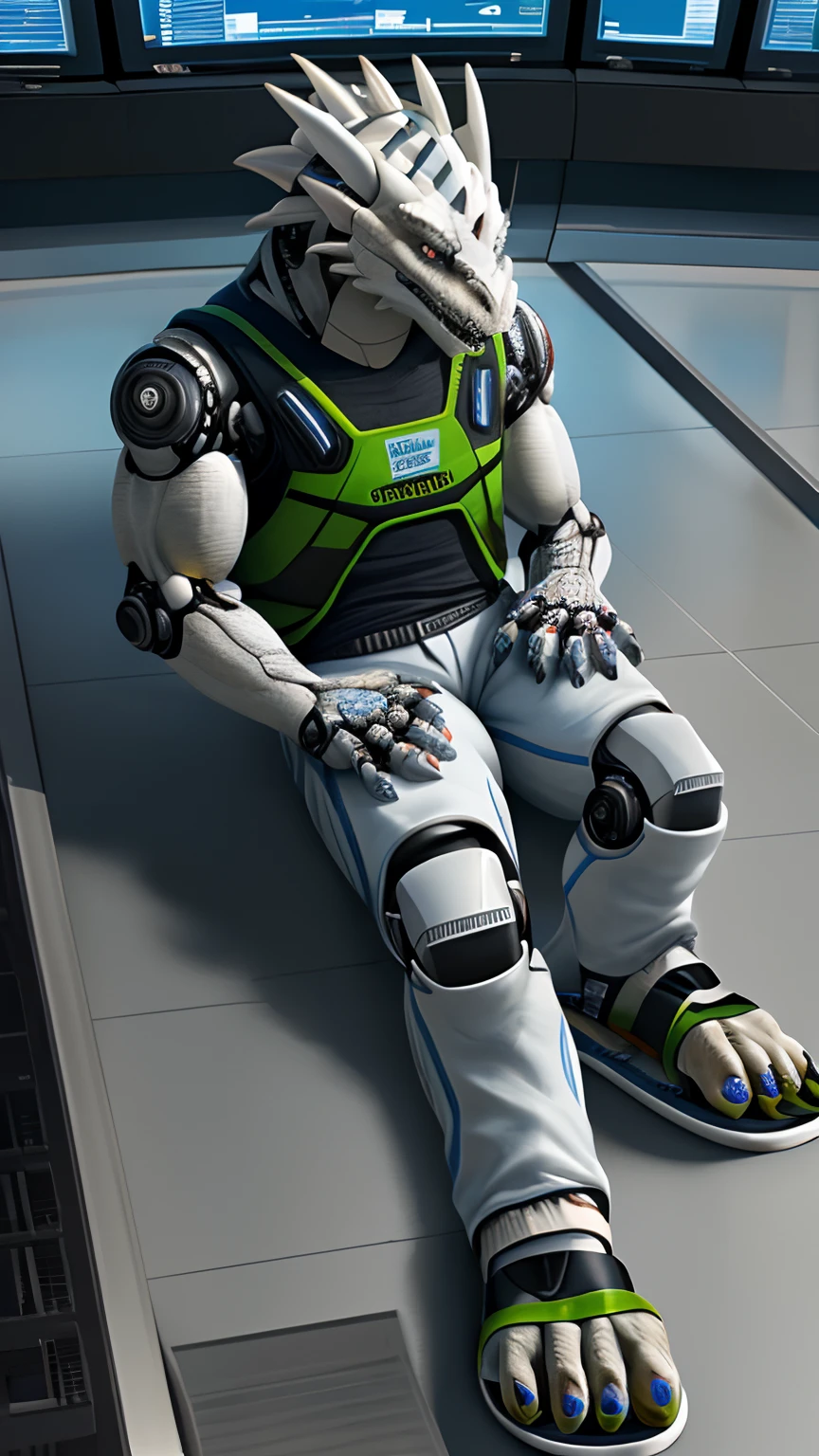 Bionic robot dragon，female，Gilet blanc，short white pants，sandals，Lying in the lab was modified by the program，HD graphics，Detailed and realistic，high detal，high qulity，photo-realistic，photorealistic eye，Detailed paws，Clear eyes，Masterpiece artwork，Five-fingered hands