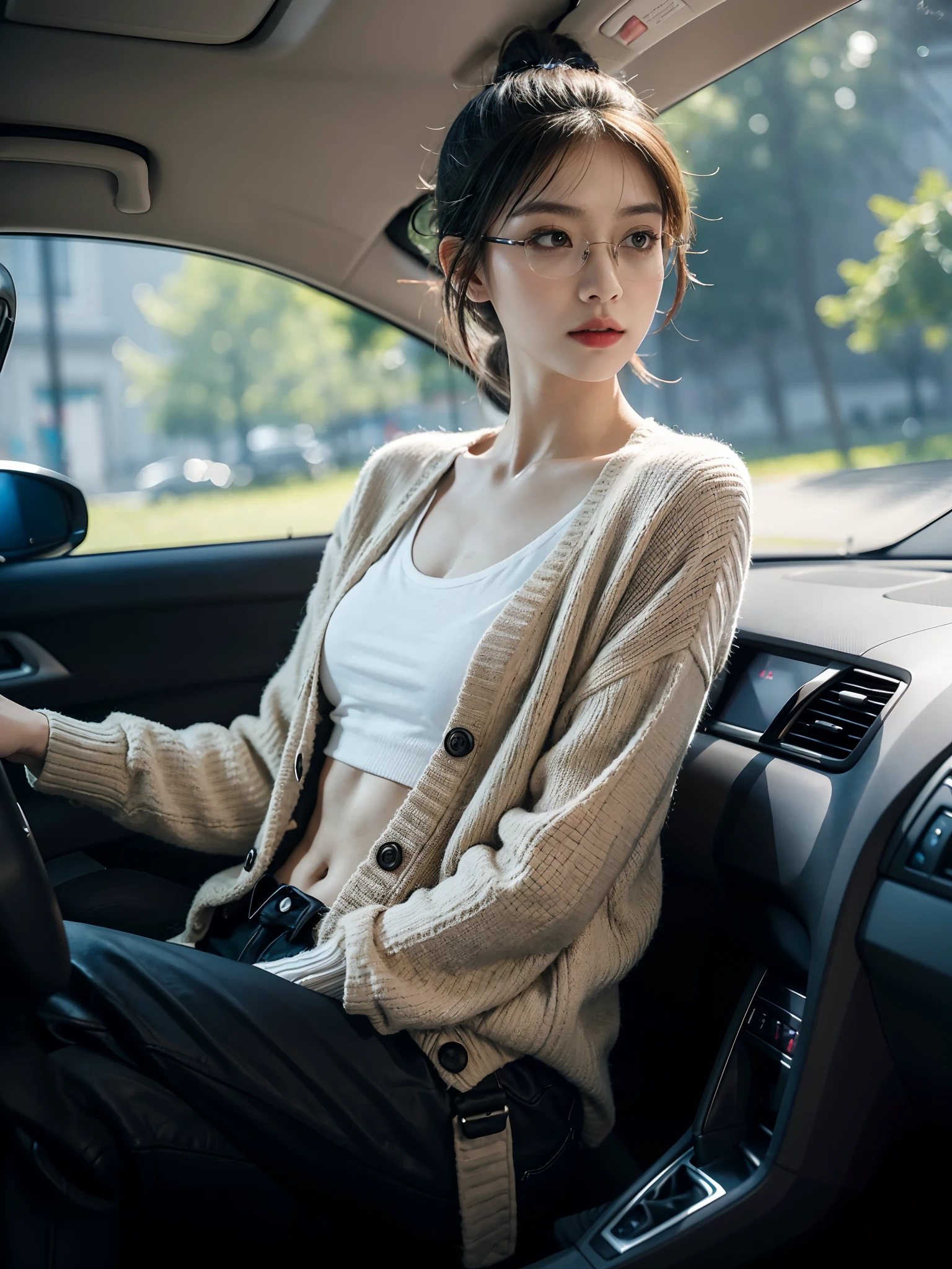 ((smallunderboob,Tomboyish,small heads)), (Well-defined abs: 1.1), (perfect bodies: 1.1), (short-length straighthair: 1.2), Black hair, upper body photos, attractive collarbone，nabel，（极其细致的CG 8k壁纸），（Extremely refined and beautiful），（tmasterpiece），（best qualtiy：1.0），（超高分辨率：1.0），beautiful light up，Perfect lightning，realistic shaded，[A high resolution]，Smooth and flawless fair skin，ultra - detailed ，Elongated legs，flatchest，Slim，emaciated，Female driver，Wearing glasses，Look ahead，Short ponytail hair，Sven scum，In a spacious private vehicle，Place your hands on the steering wheel，driving car，Gilet blanc，Thin white cardigan，Black beggar pants，Big hole in tatters，black military boots