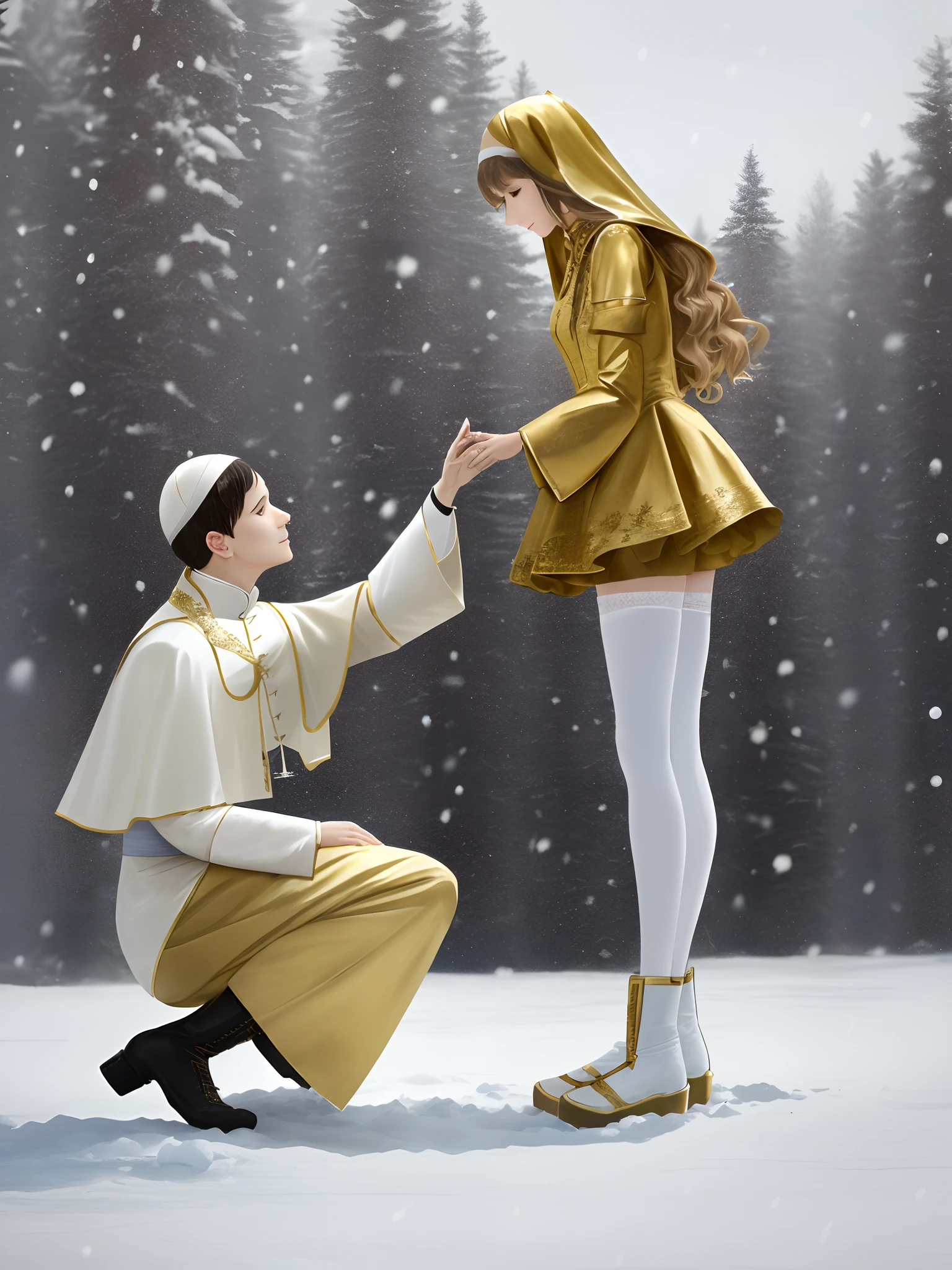 The pope faded the golden boots that wrapped her long legs,Snow feet in white silk stockings stepped on his knees
