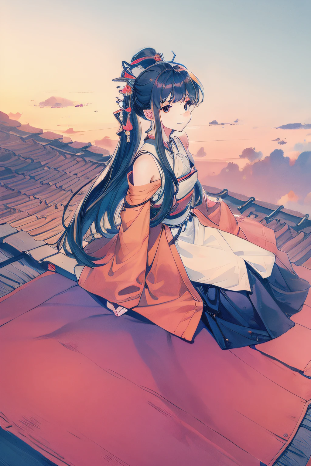 1 girl outdoors， late， starrysky， in a panoramic view， scenecy， horizon， the roof， sitting on rooftop， ventania