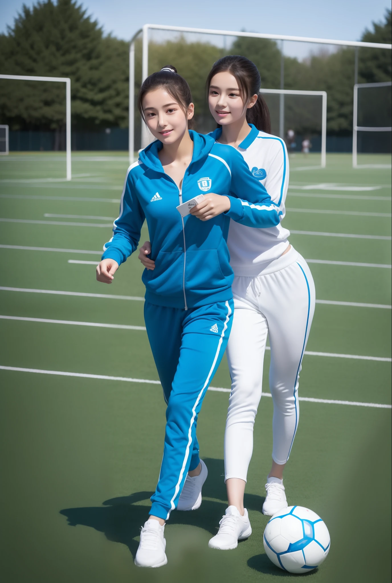 1 very beautiful beautiful high school student，Wear blue and white tracksuits，Play with the ball on the grass of the football field，（On the grass:1.02），Super high value，perfect body figure，Beautiful short ponytail，Delicate hair，Fair face and skin，Beads of sweat on the forehead，Have fun on the playground，（（（The chest is huge））），Breasts are full and straight:1.5，（The tracksuit on the chest is high and bulging, Tightness and bulging:1.5），Delicate fair and soft toes，White and delicate fingers，（Delicate sneakers:1.5），Focus on the chest，fully body photo