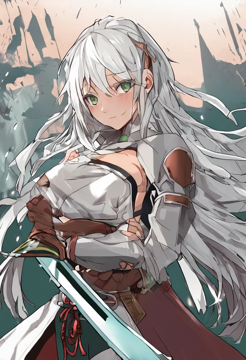 1 girl, white hair, with big eyes, one green eye the other brown eye, big boobs, tall, with marked abs, long hair, in Japan, while it rains and pulls a sword out of his boobs