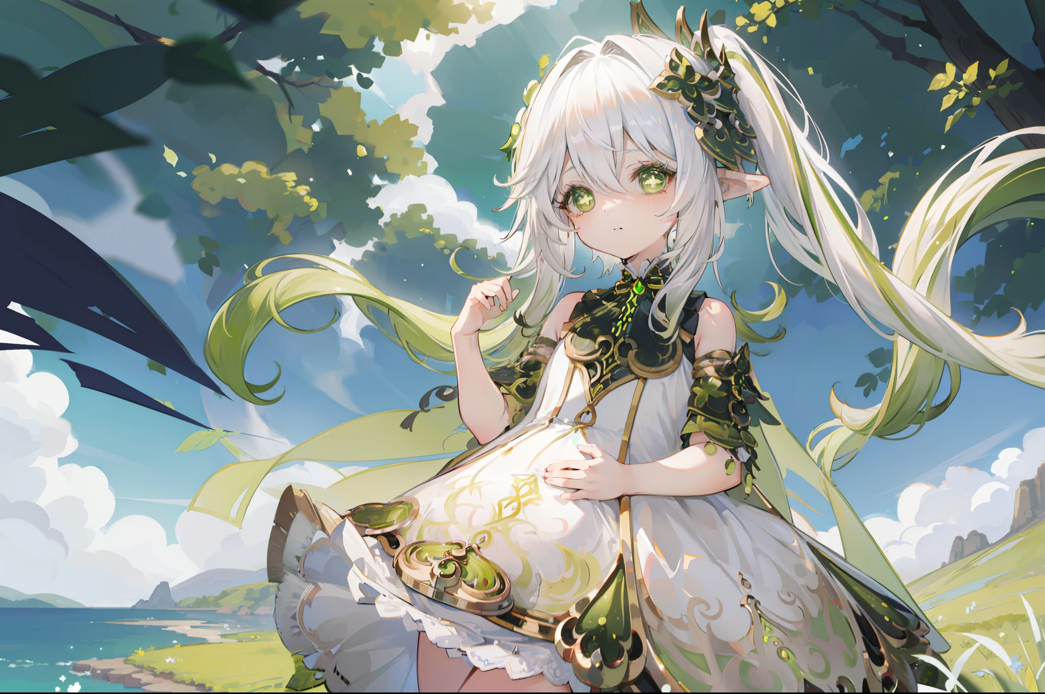 Nahida_Genshin,(White hair),cross-shaped pupils,default_dress,Green cape,simplebackground，The breath of life，green color，grassy fields，The breath of life，Gentle and powerful divinity，A sense of majesty，Poor milk，prengant，Pregnant women's tummy