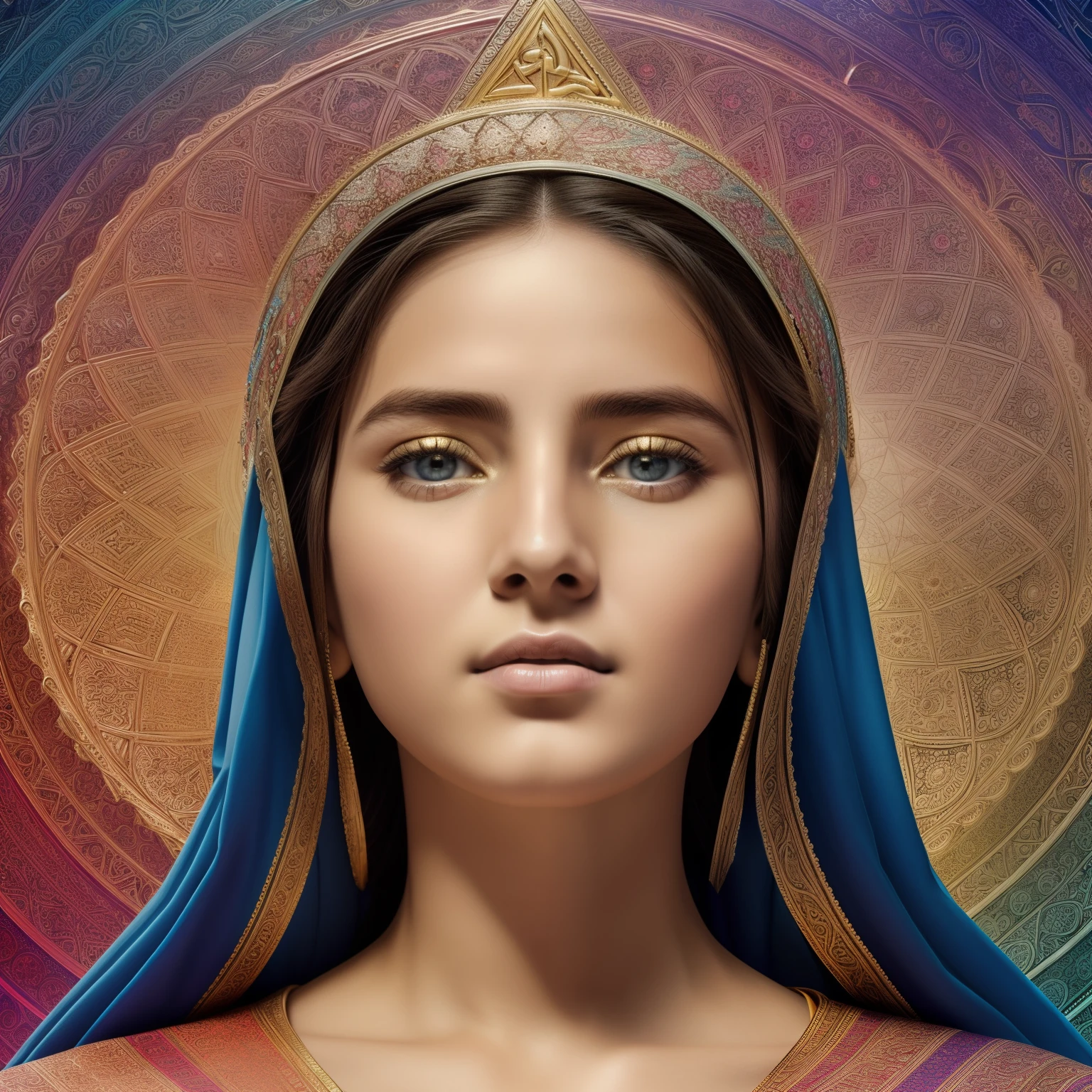 ((Blessed Virgin Mary Sorrowful, 19 year old,  de rostro y aspecto anglosajona))) (((Con una cara seria y piadosa. Con una mirada dulce y tierna))) (obra maestra, calidad superior, mejor calidad, arte oficial, beautiful and aesthetic: 1.2),  extremadamente detallado, (Arte fractal: 1.3), colorido, highest detailed, Cara perfecta, parte superior del cuerpo, HDR, (orando: 1.3), (golden lines of white coat: 1.2),  eye-catching visuals, colores vibrantes. ultra detallado, 8k, HDR. Grado de color profesional, ambiance, profundidad asombrosa, colores ricos, powerful imagery, Psychedelic overtones, 4k, 8k,obra maestra,...