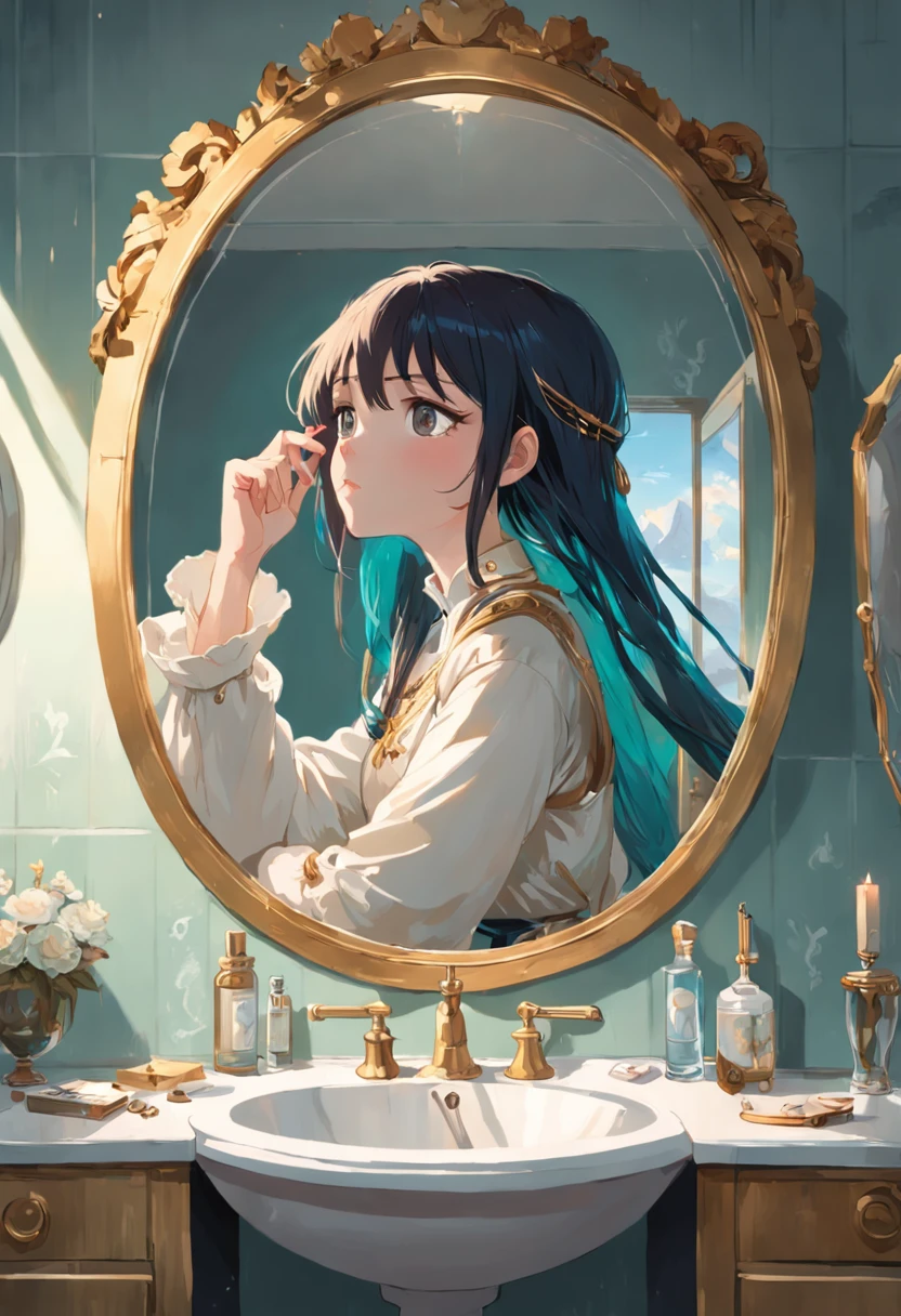 Masterpiece,One guy,woman,Bring a watch,In the toilet,Stand in front of the mirror,Hold your hands on the sides of the sink,looking in a mirror,Big perspective,The watch has a large viewing angle,Look up at the characters。Woman looking at herself in front of a mirror,Facial expressions are reflected through the mirror,Character looking in the mirror,Hand on either side of the sink,mohrbacher, by Krenz Cushart, wlop and krenz cushart, peter mohrbacher art style, In the artistic style of Morebach, krenz cushart and artem demura, Peter Mohrbacher