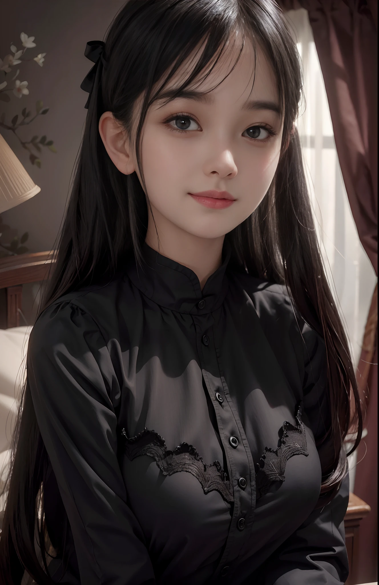 (Ultra Realistic), (Illustration), (Increased Resolution), (8K), (Extremely Detailed), (Best Illustration), (Beautiful and Detailed Eyes), (Best Quality), (Ultra Detailed), (Masterpiece ), ( wallpaper), (detailed face), solo, 1 girl, looking at viewer, fine details, detailed face, in the dark, deep shadows, low key, pureerosfaceace_v1, smiling, long hair, black shawl straight hair , 46 points oblique bangs, shy smile