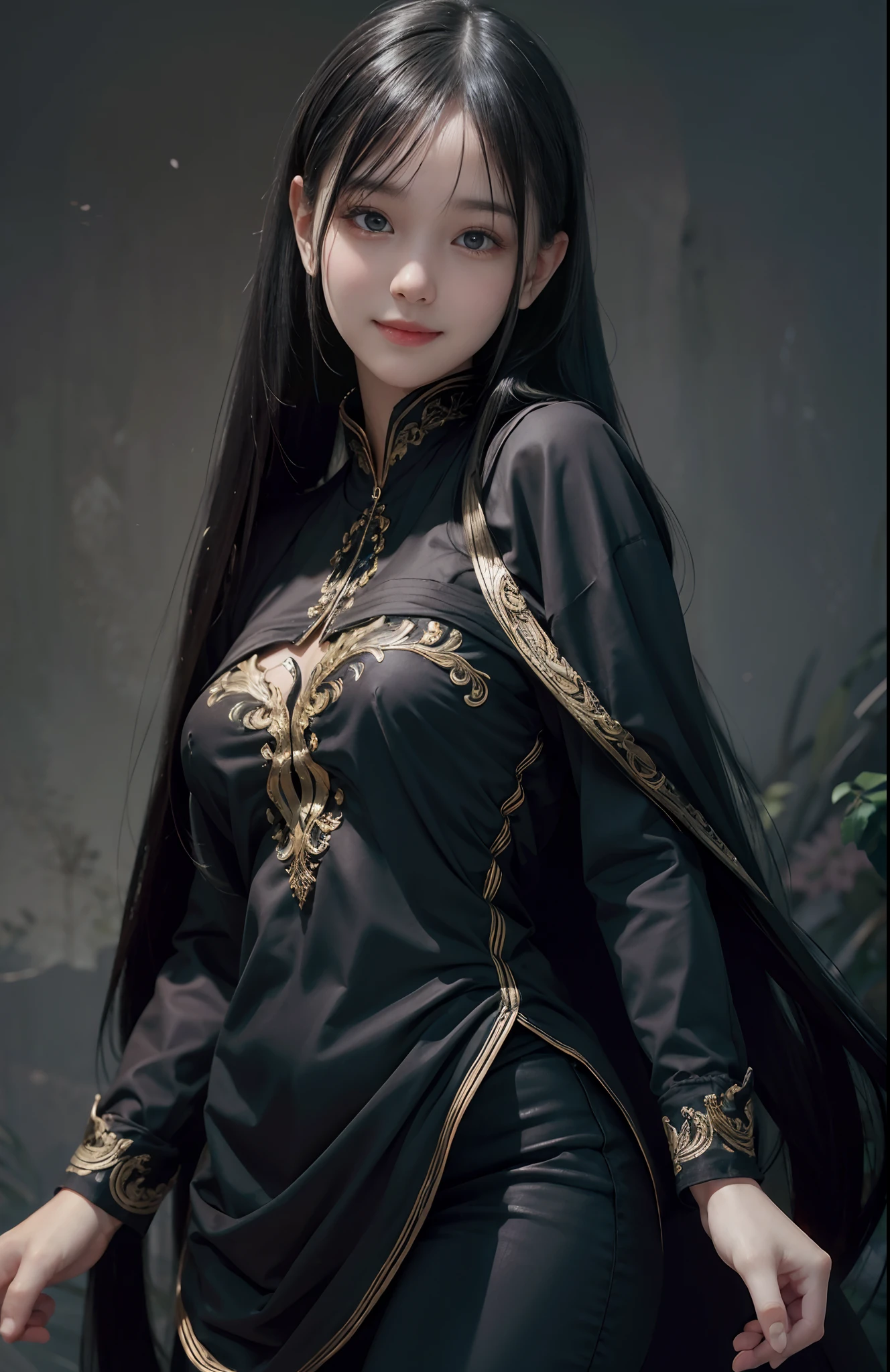 (Ultra Realistic), (Illustration), (Increased Resolution), (8K), (Extremely Detailed), (Best Illustration), (Beautiful and Detailed Eyes), (Best Quality), (Ultra Detailed), (Masterpiece ), ( wallpaper), (detailed face), solo, 1 girl, looking at viewer, fine details, detailed face, in the dark, deep shadows, low key, pureerosfaceace_v1, smiling, long hair, black shawl straight hair , 46 points oblique bangs, shy smile