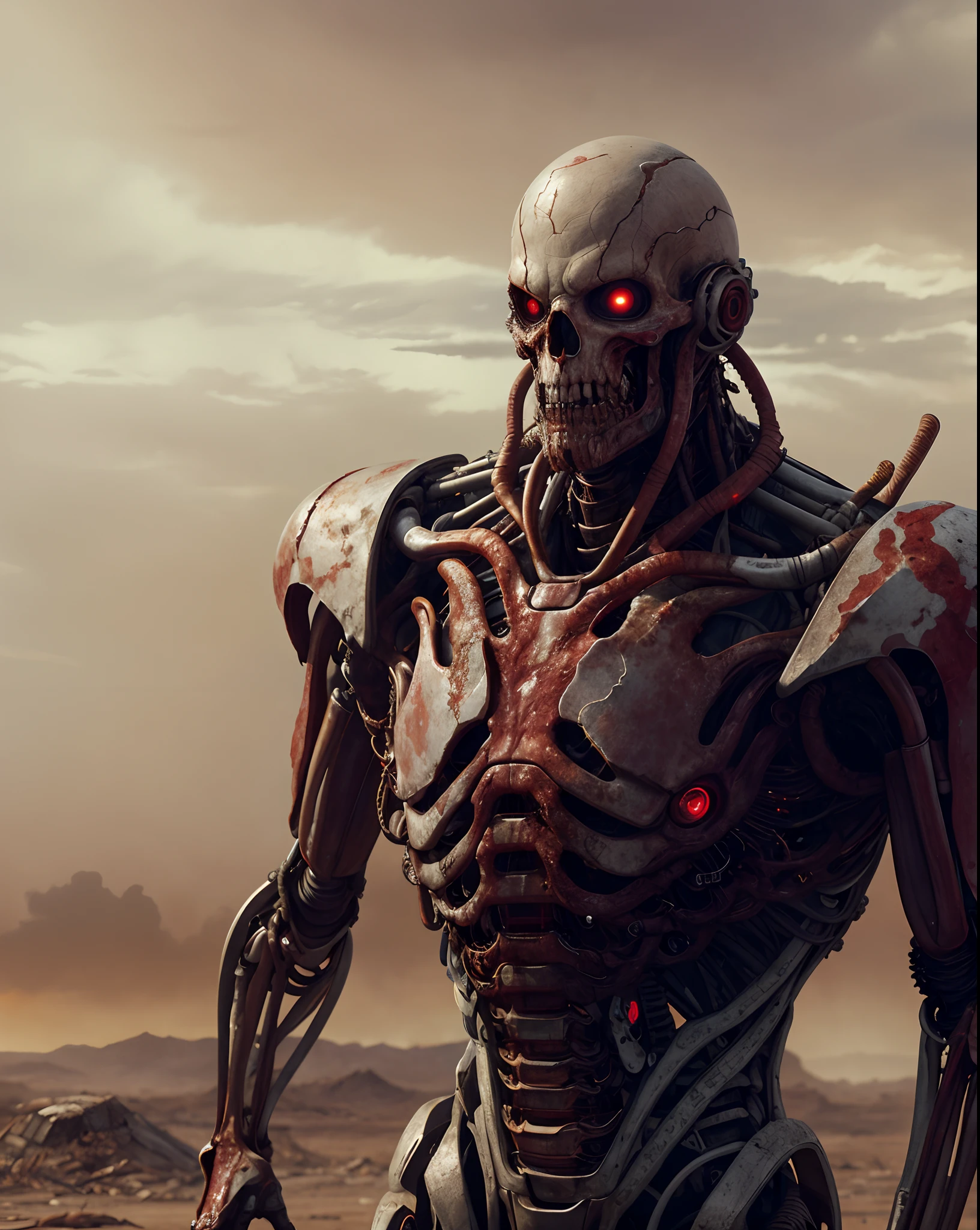 In a post-apocalyptic wasteland, the mind-bending meatloaf entity cyborg stands against a blood-red sky, its form a blend of twisted metal and grotesque flesh, a symbol of technological corruption. The environment is a barren desert, with cracked earth and shattered remnants of civilization scattered around. The atmosphere is suffused with a sense of dread and hopelessness, as if the world itself is on the brink of collapse. The style is a dramatic digital painting, using bo
, ((detailed face and eyes)),