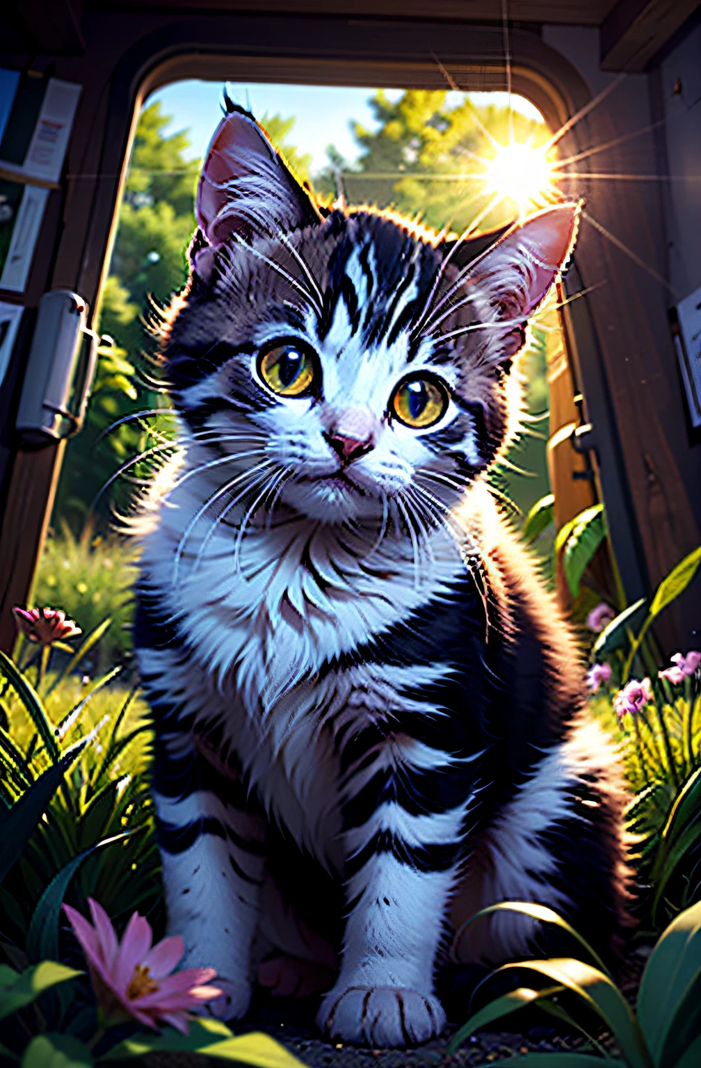 a stunning photo of a solo little kitten surrounded by plants in a flower meadow, 8k resolution concept art( intricate details:1.2), sunlight, (high quality:1.2), trending on artstation, 8k, absurdres, extremely detailed fur, (close up:1.1)