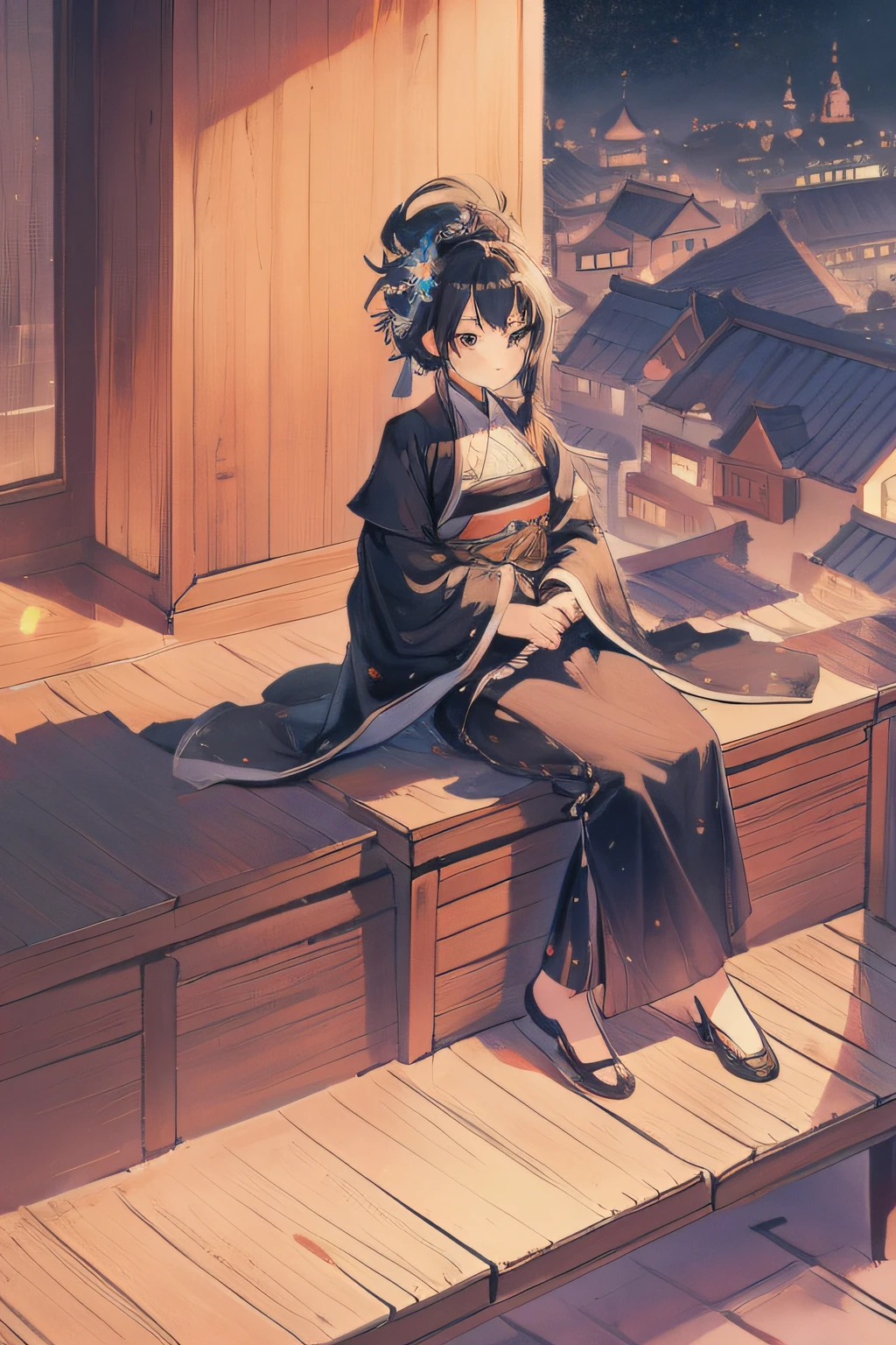 1 girl outdoors， late， starrysky， in a panoramic view， scenecy， horizon， the roof， sitting on rooftop， ventania