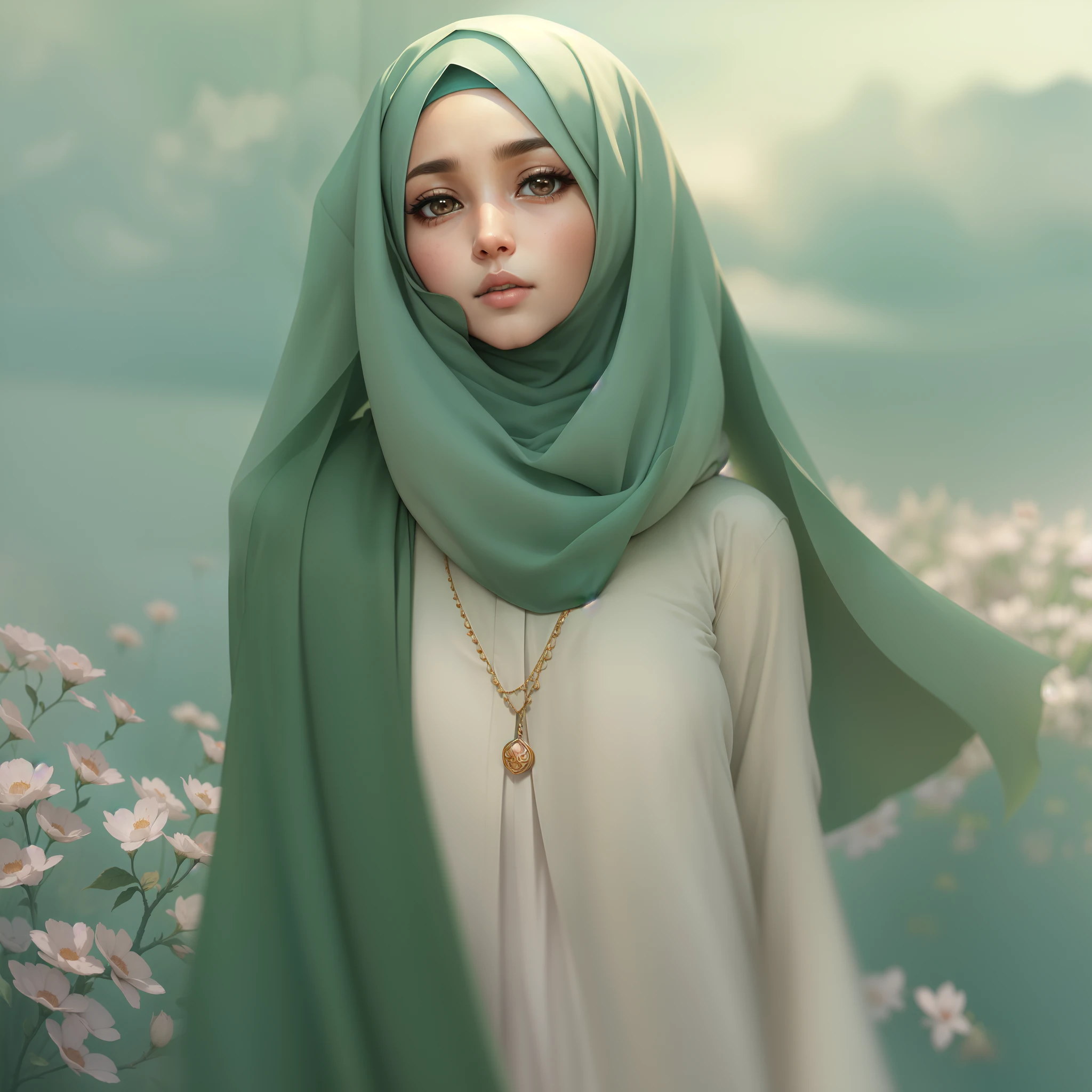 A beautifully portrayed Hijabi woman, reminiscent of Anime artistry, wears a minimalist Khimar and Djellaba. Her attire is pure simplicity, mirroring her unadorned face that radiates authenticity. In this serene scene, her unembellished appearance embodies both modesty and the elegance of Anime-inspired grace.