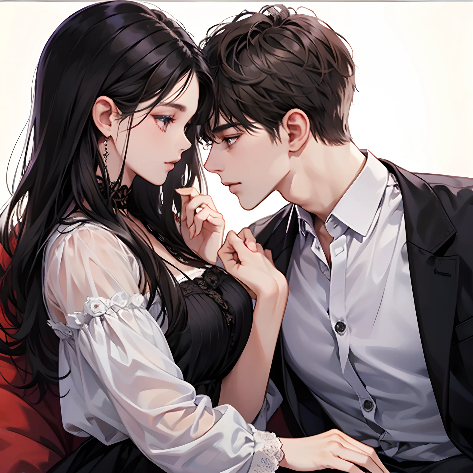 couple, 1 Girl 1 Boy, different hair color, Long black dark hair, Short brown-black hair, Romance