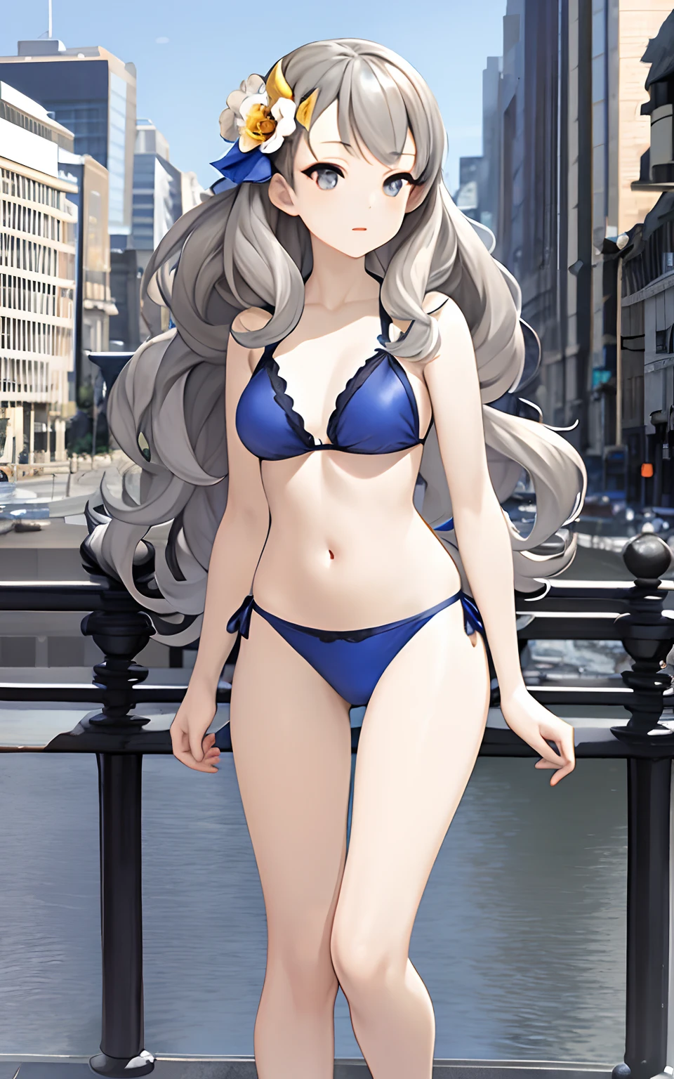 masterpiece, best quality,fuyusaka iori 1, 1girl, solo, (venus bikini:1.2),hair flower, hair ornament, flower, long hair , full body, grey hair, white flower, grey eyes,looking at viewer, highly detailed city background,(ulzzang-6500:0.8), blush,