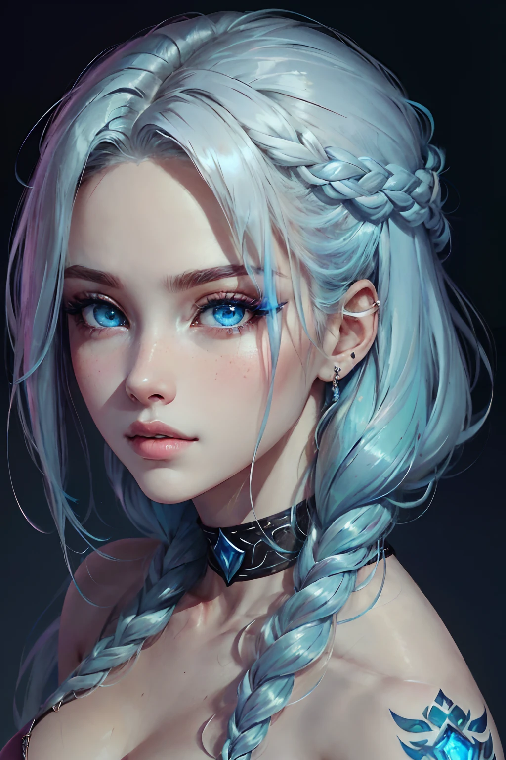 ultra realista, ((splendid)),  League of Legends, Altas Resoluciones, 1girl, ultra detallado, (hermosa cara detallada y ojos y cabello:1.1), obra maestra, Cara perfectoa, Cara hermosa,  piel texturizada, hermosa cara detallada, Sensual, Hermosos ojos, obra maestra, Detalles intrincados, 1girl, mirando al espectador ,solamente, seductor, erotic, extremadamente hermoso, mujer bonita, beautiful woman, medio cuerpo, perfecto,  ArcJinxane_v3,(ojos azules, cabello azul, Pale skin, Trenzas gemelas largas,Flequillo lateral, flaco, muscular, Tatuaje de nube azul, Mujer, dama, hembra, 1girl:1.2), (Pose sexy:1.2),  mirando al espectador,