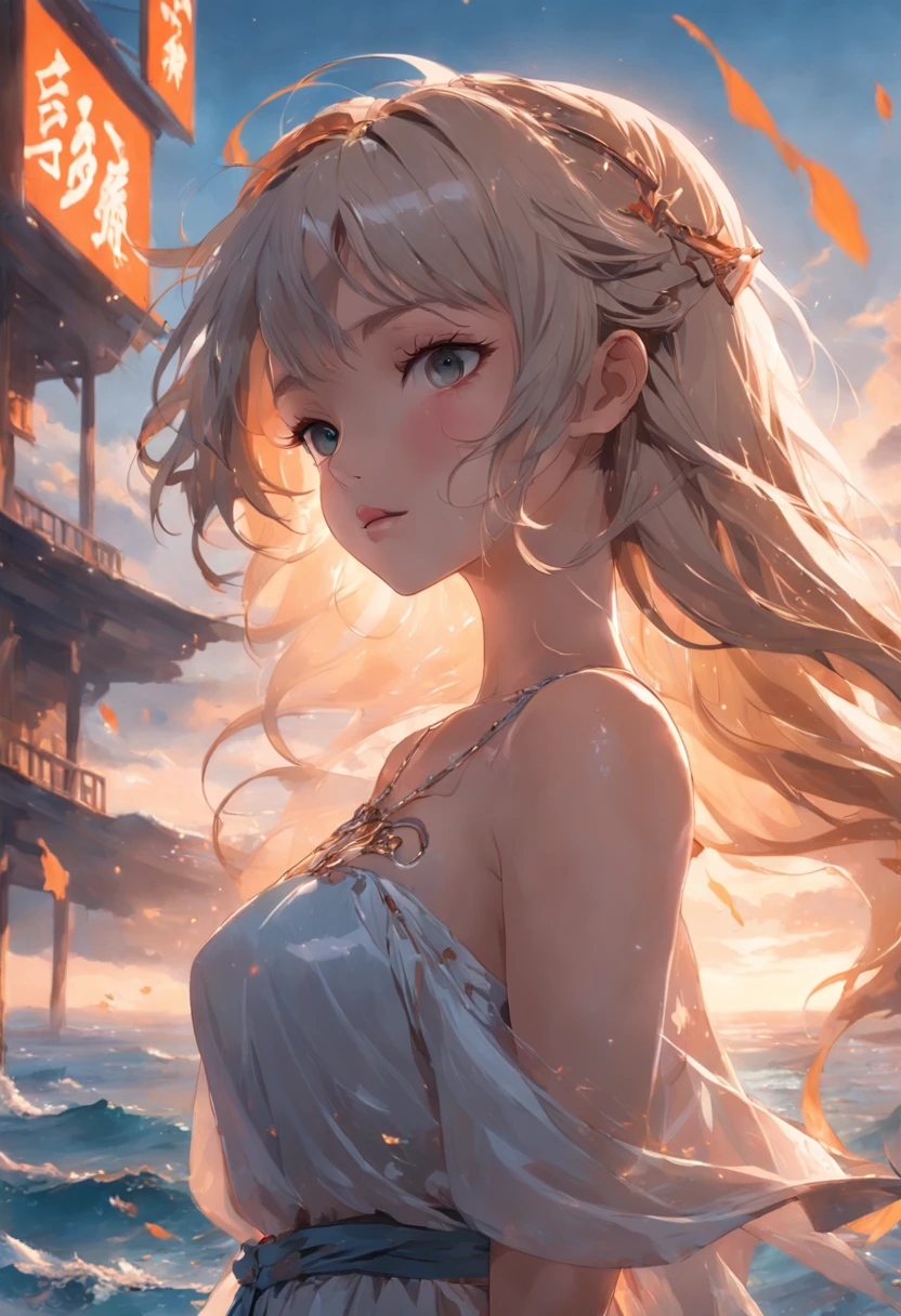 generated a 28 year old white girl with dark blonde hair braided and then twisted into a bun. This can add texture and detail to a classic bun hairstyle...., medium size chest, Imagine a serene lakeside scene with mist rising over the water at sunrise... Here, A model sports a white silk robe and matching lingerie set., With the warm glow of antique lamps creating a romantic atmosphere.., Incorporating a sense of tranquility and natural beauty into the peaceful backdrop of the lake and surrounding nature...She is looking at the camera with a shy smile.