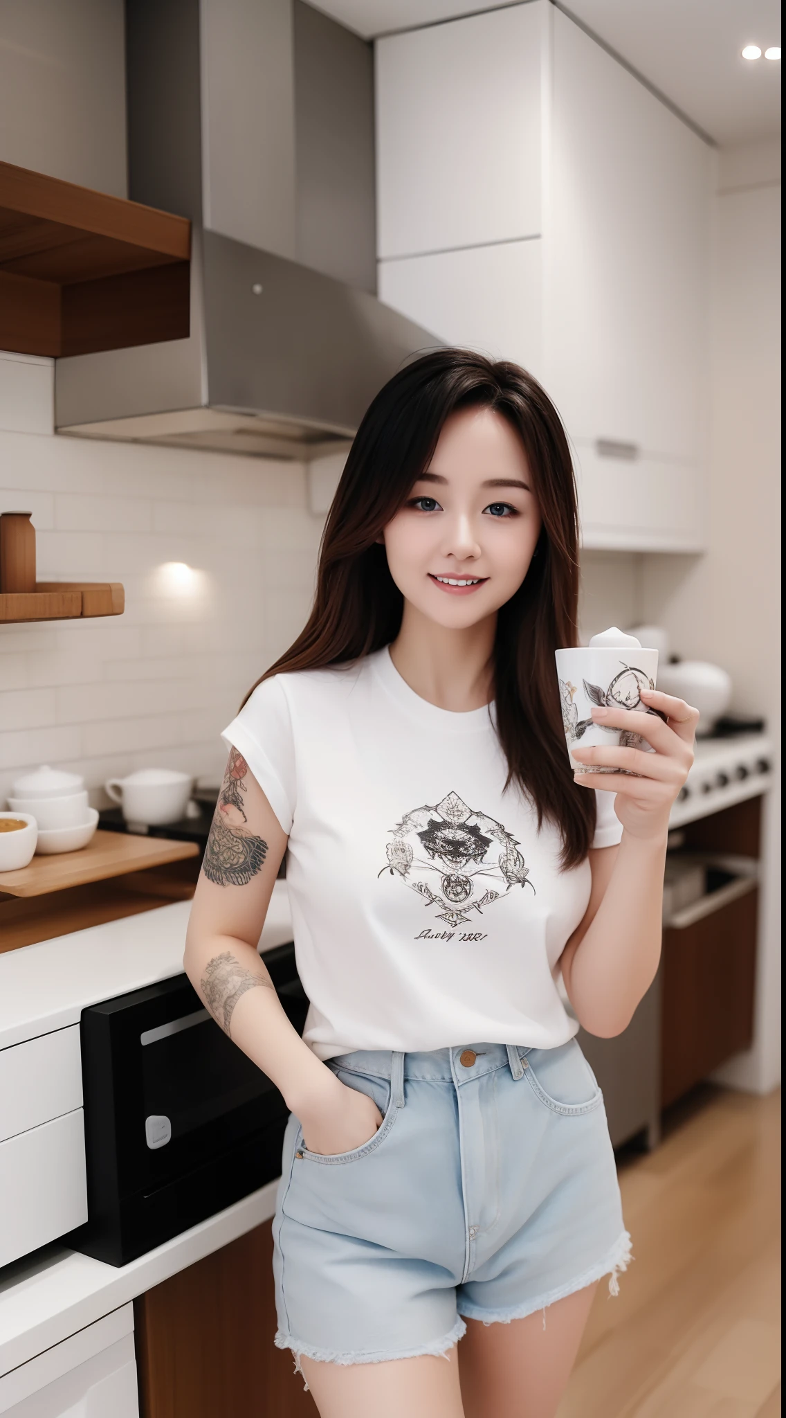 A young white woman with various tattoos and hair standing in her kitchen, Her T-shirt and slippers are what she wears while enjoying freshly brewed coffee.