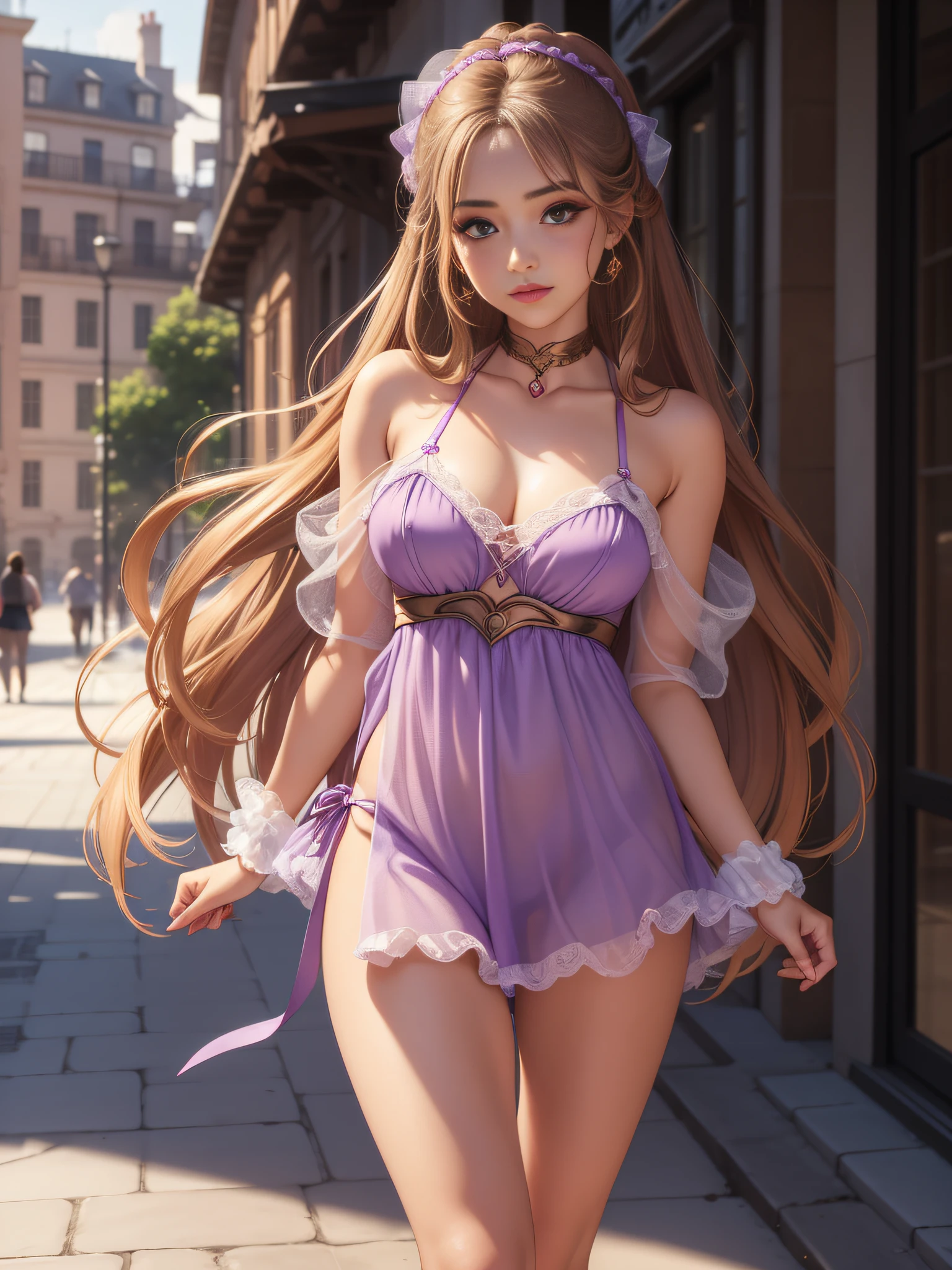 (masterpiece, best quality), 1girl, Generate an amazing, best quality masterpiece, Lilac Mesh Babydoll with Matching G-String, Toned, Diamond-Shaped Face, Bronze Skin, Wide Nose, Full Lips, Sharp Chin, Bronze satin lipstick, scrunchie, chestnut Wavy Hair Long Hair Braids, walking