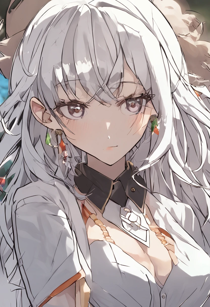 1 girl, white hair, with big eyes, one green eye the other brown eye, big breasts, tall, with ripped abs, long hair, in Japan, with western appearance.