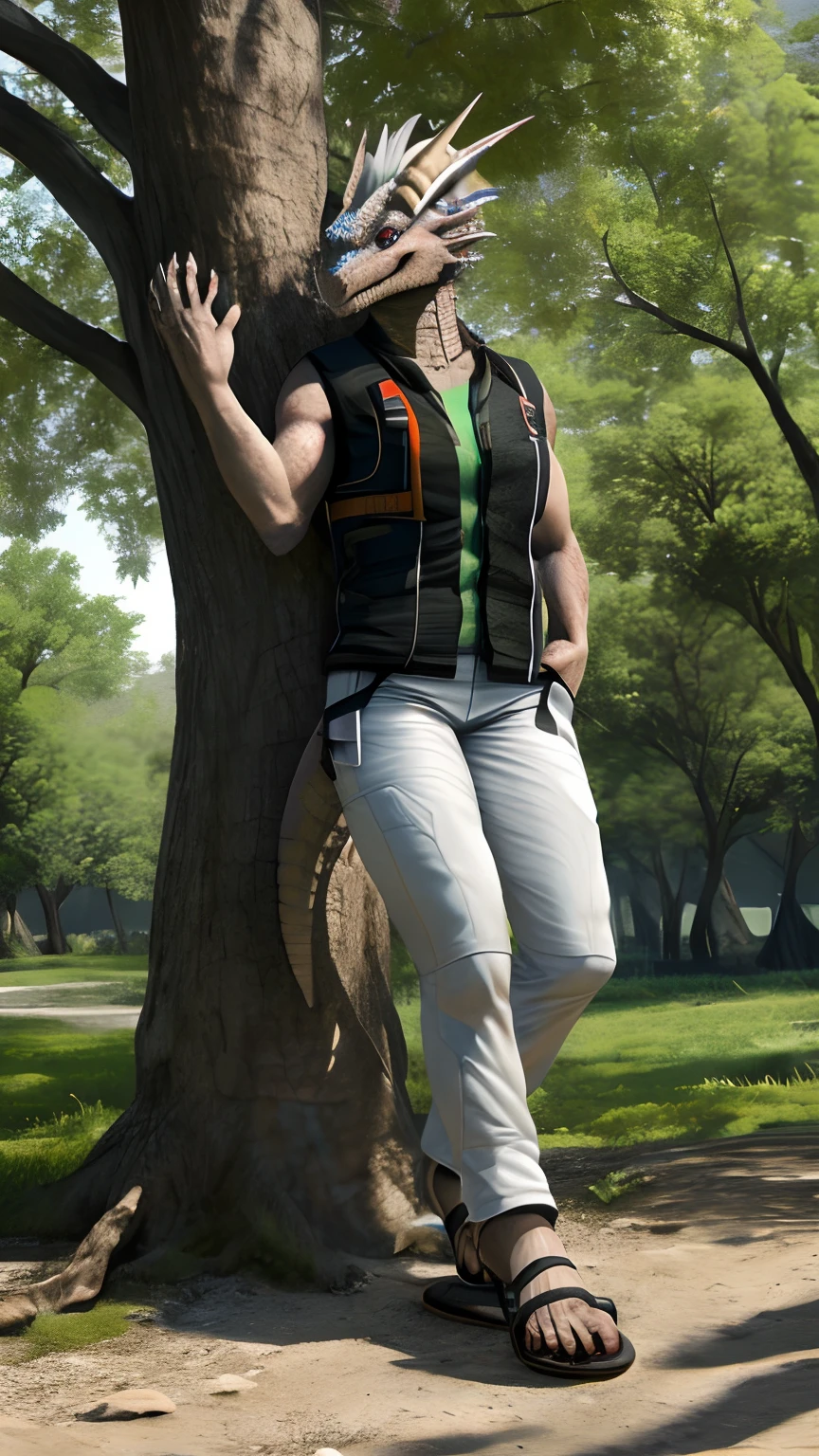 Bionic robot dragon,female,Gilet blanc,short white pants,sandals,Tied to a tree,HD graphics,Detailed and realistic,high detal,high qulity,photo-realistic,photorealistic eye,Detailed paws,Clear eyes,Masterpiece artwork,Five-fingered hands