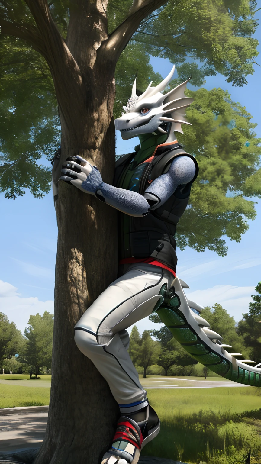 Bionic robot dragon,female,Gilet blanc,short white pants,sandals,Tied to a tree,HD graphics,Detailed and realistic,high detal,high qulity,photo-realistic,photorealistic eye,Detailed paws,Clear eyes,Masterpiece artwork,Five-fingered hands