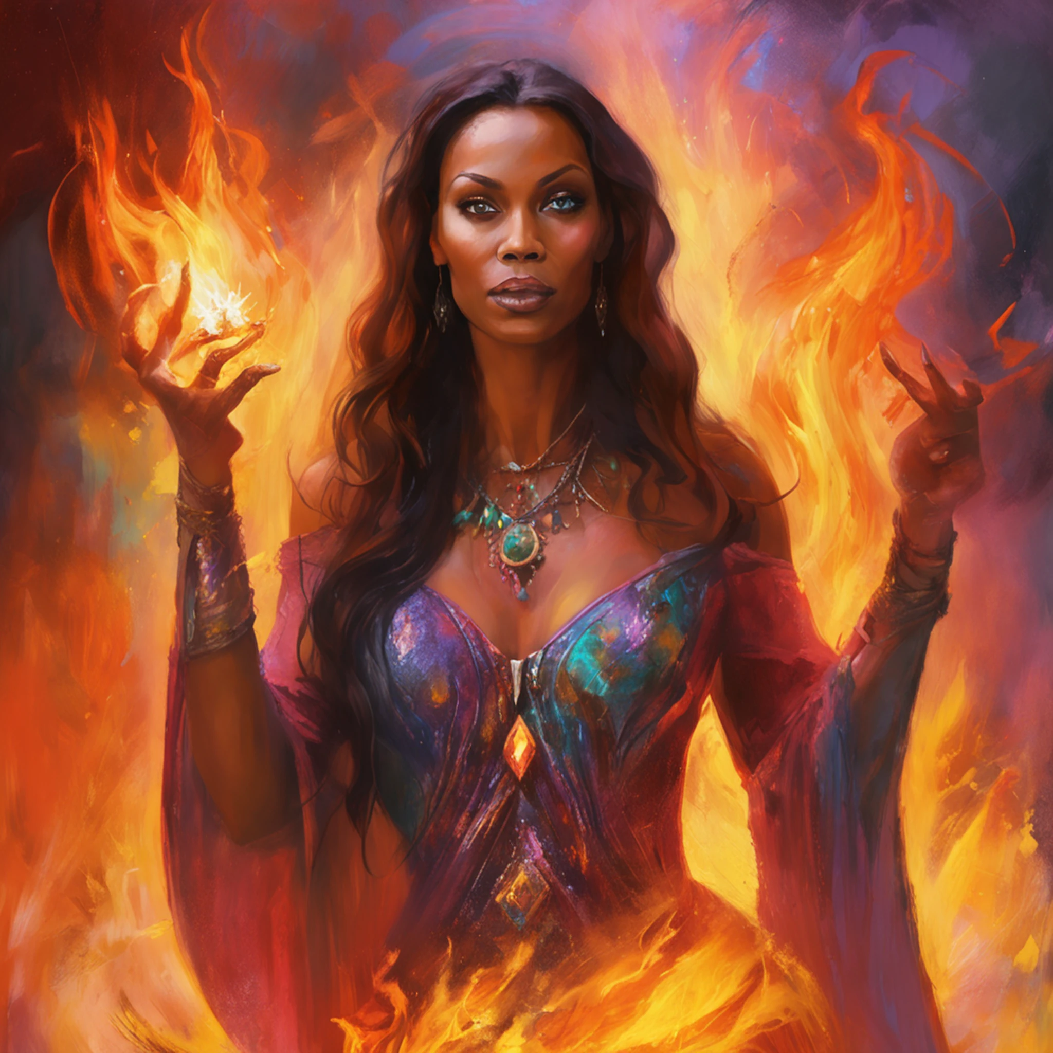 modelshoot style, waist up, award winning digital art of a beautiful sorceress conjuring fire, fully clothed, in a burning and destroyed fantasy village, detailed eyes, magical, d&d, masterpiece, best quality, high contrast, soft lighting, backlighting, bloom, light sparkles, chromatic aberration, smooth, sharp focus