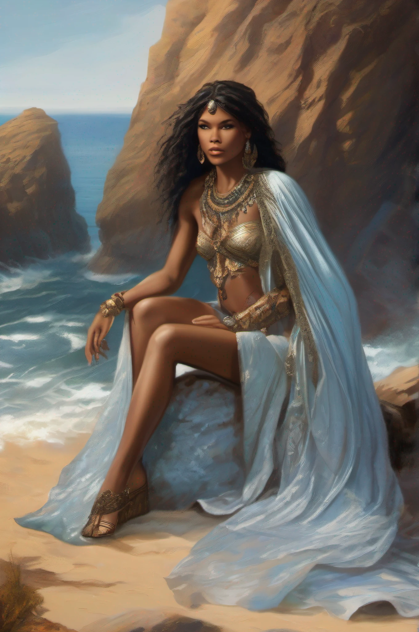 Zendaya is a majestic Aphrodite, her ebony skin and dark black hair shimmering in the sunlight, seated atop a majestic rock emerging from the ocean's depths. Dressed in a Loincloth.