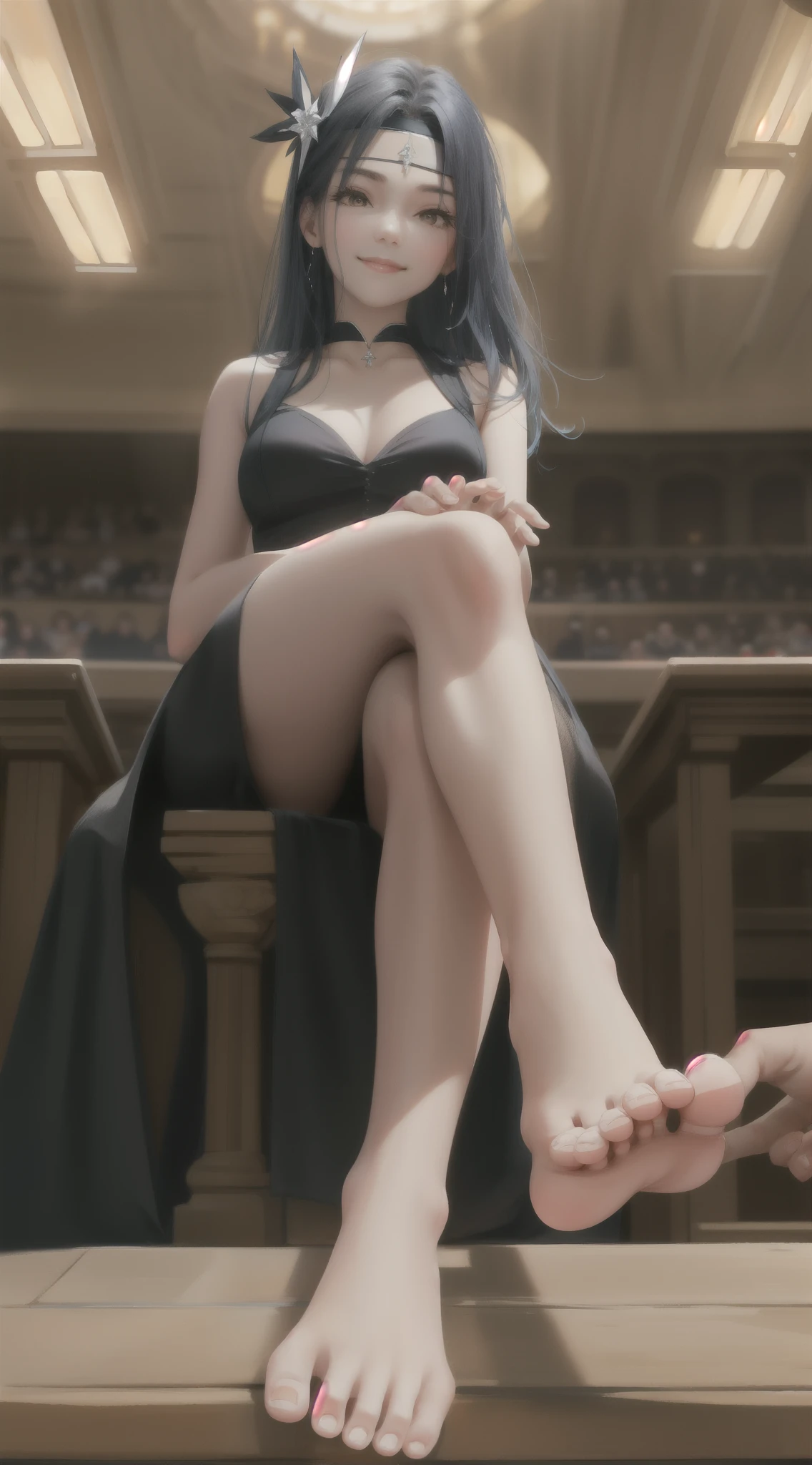 From below, (black thighhigns), Show the foot to the audience, (((Foot focus))), (presenting foot), view the viewer, From below, hand on own thigh, eyeslashes, Masterpiece, 8K, sharp detailed, 1girll, Solo, blue hairs, Full body black dress, Medium breasts, Black side double headband, Brown eyes, Long hair, Sleeveless, Closed mouth, Crossed legs, Smile, Sitting