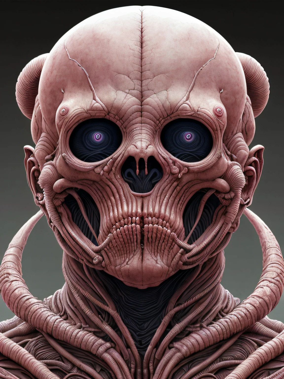 art by Wayne Barlowe, art by h. r. giger, detailed, sharp image, render, 8k, rim light, closeup, the thing, body horror, poster, hdr, intricate, human face, brain, veins, scorn, lungs, no eyeballs, gore, flesh, fleshy,