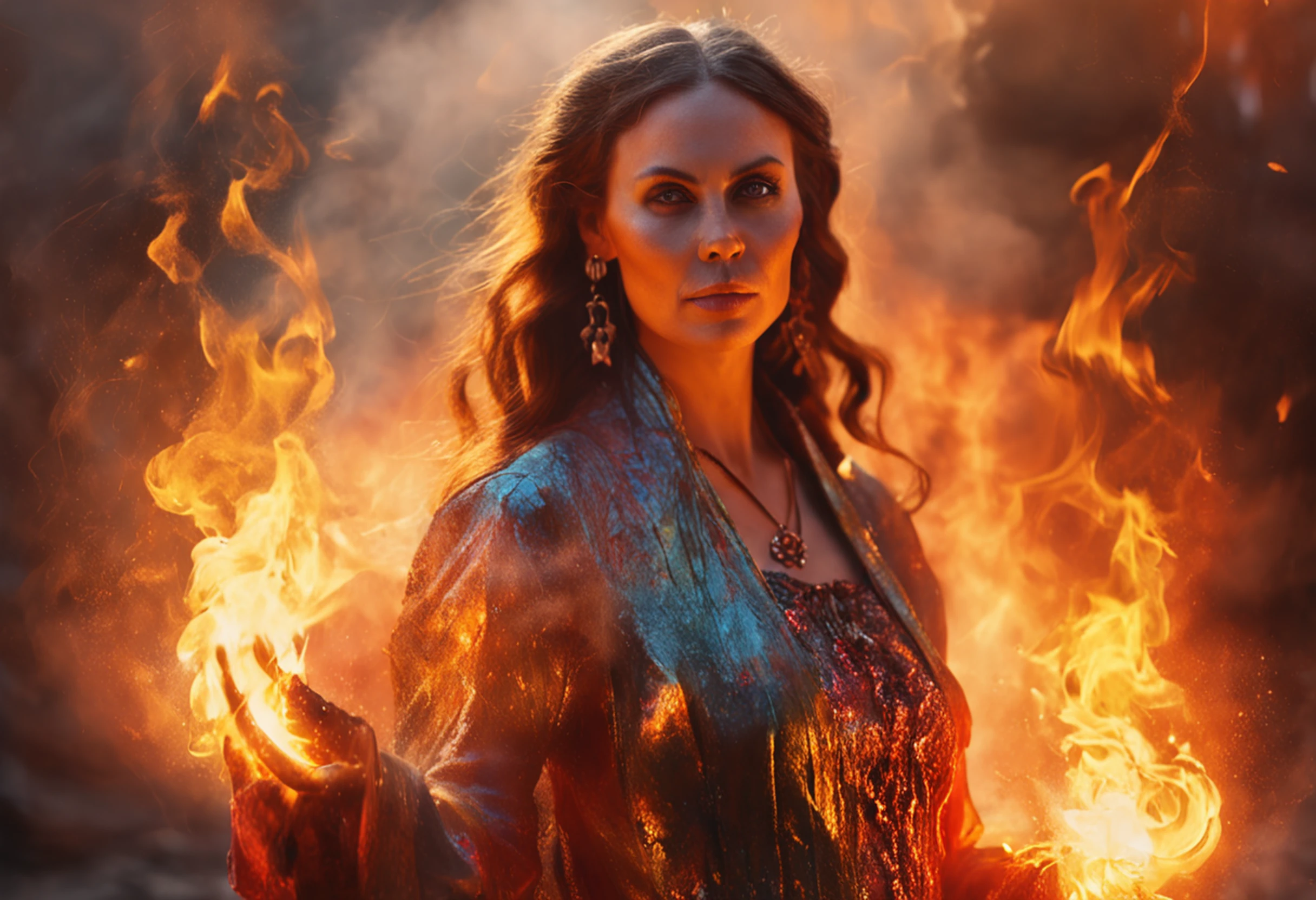 modelshoot style, waist up, award winning digital art of a beautiful sorceress conjuring fire, fully clothed, in a burning and destroyed fantasy village, detailed eyes, magical, d&d, masterpiece, best quality, high contrast, soft lighting, backlighting, bloom, light sparkles, chromatic aberration, smooth, sharp focus