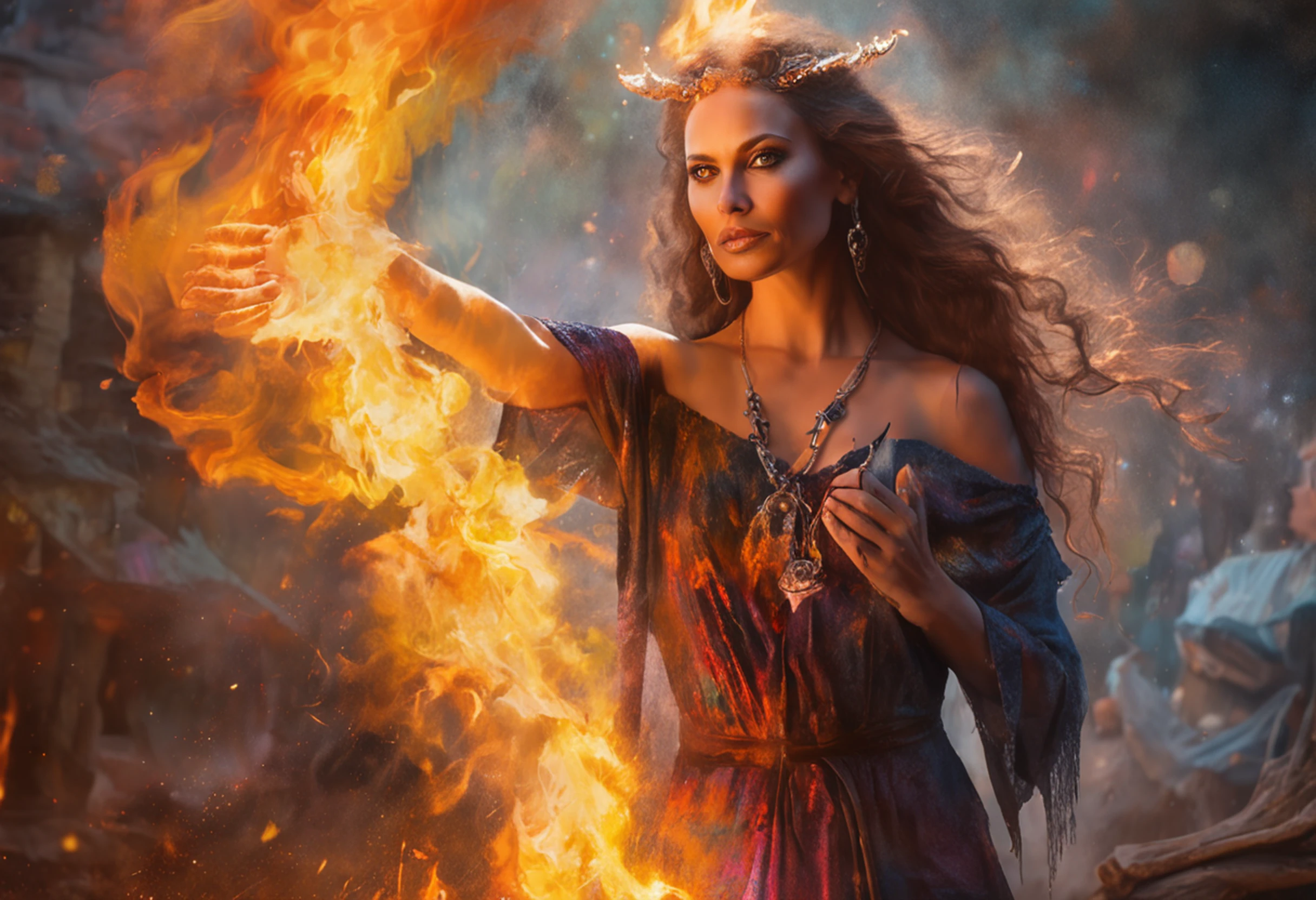 modelshoot style, waist up, award winning digital art of a beautiful sorceress conjuring fire, fully clothed, in a burning and destroyed fantasy village, detailed eyes, magical, d&d, masterpiece, best quality, high contrast, soft lighting, backlighting, bloom, light sparkles, chromatic aberration, smooth, sharp focus