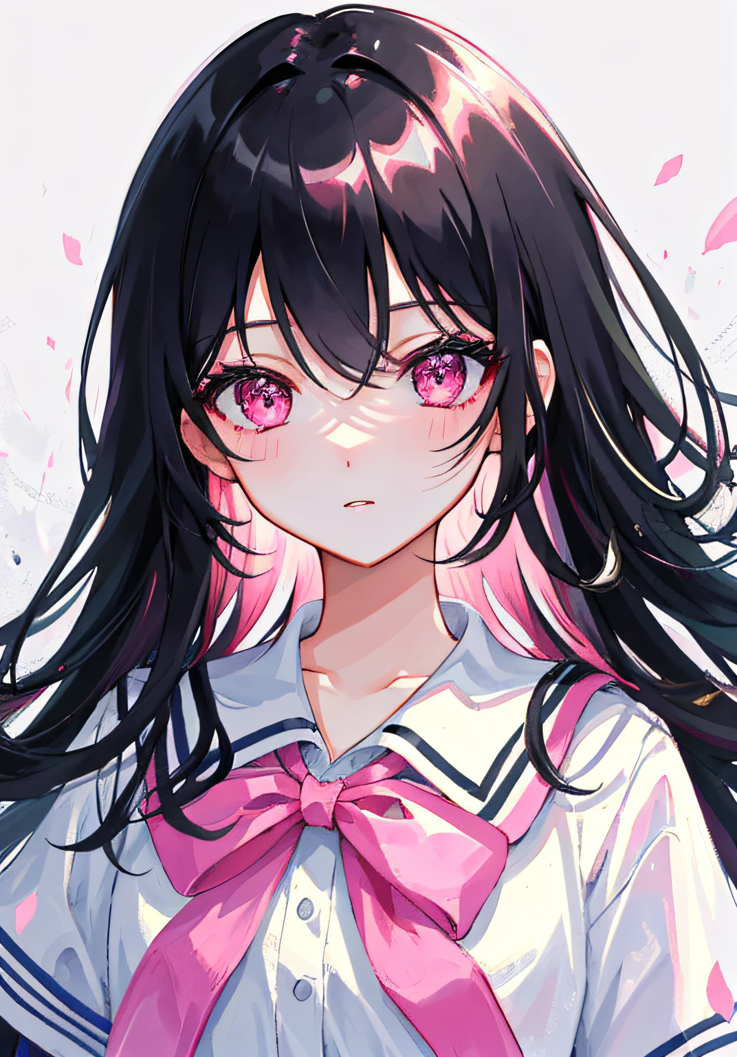 Masterpiece, Best quality, Ultra-detailed, illustration, Portrait, 1girll, black_Hair, Pink eyes, Long hair, school uniform,