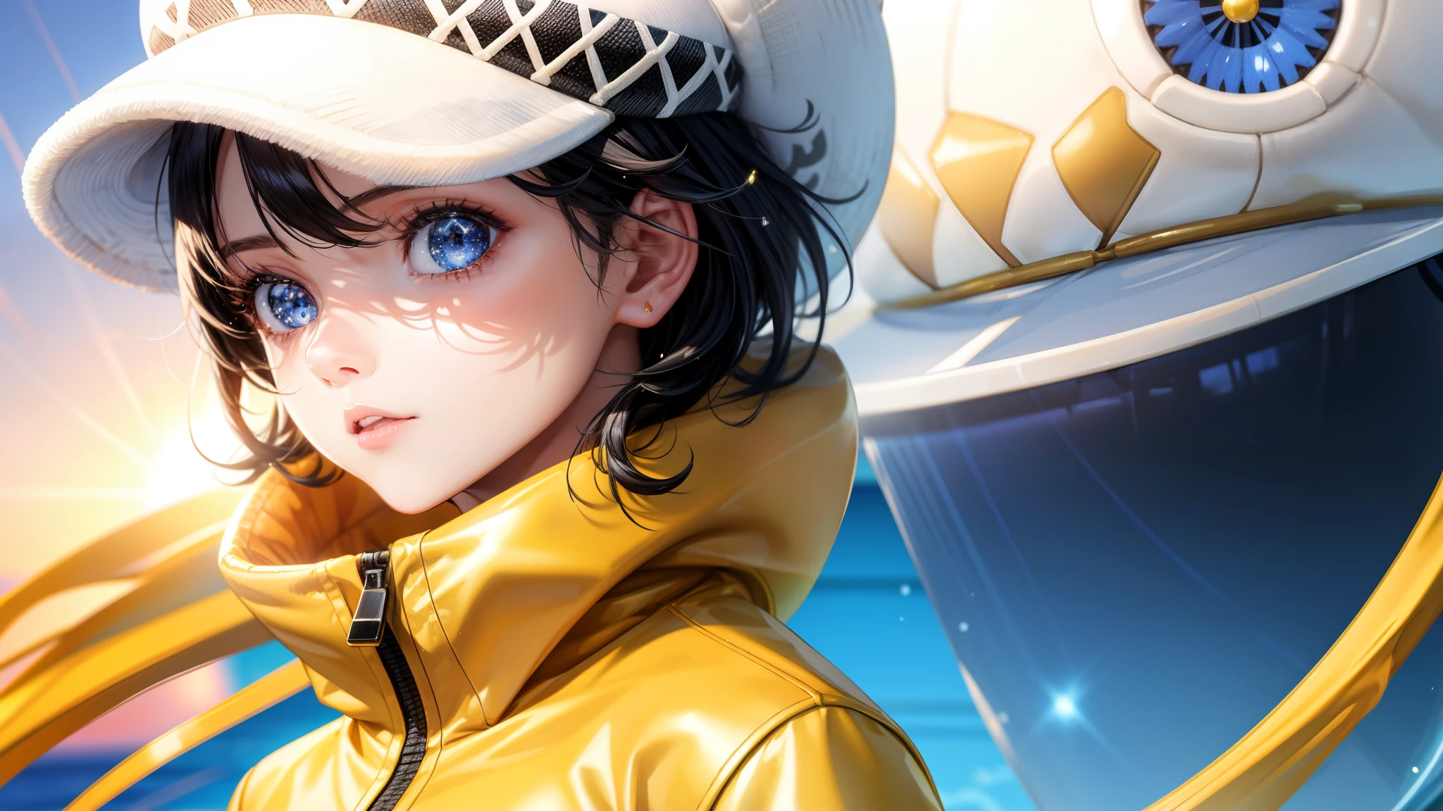 1girl, focused upper body, realistic, short black hair and sparkling blue eyes, sunrise, on a ship, sunlight, white hat, (yellow jacket)