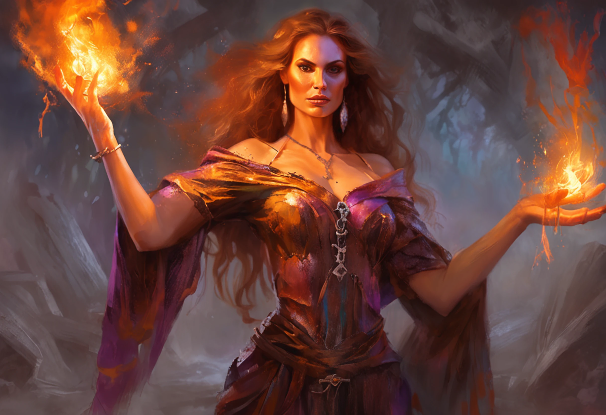 modelshoot style, waist up, award winning digital art of a beautiful sorceress conjuring fire, fully clothed, in a burning and destroyed fantasy village, detailed eyes, magical, d&d, masterpiece, best quality, high contrast, soft lighting, backlighting, bloom, light sparkles, chromatic aberration, smooth, sharp focus