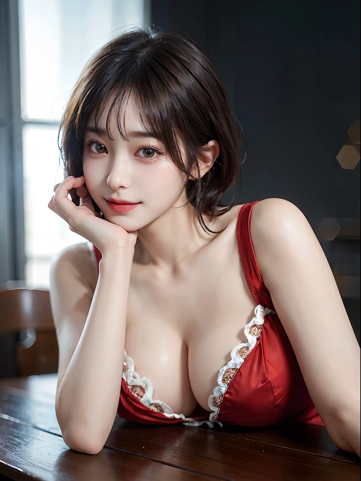 (Raw photography:1.2)、top-quality、a beautiful detailed girl、A smile、short-haired、extremely detailed eye and face、beatiful detailed eyes、huge filesize、hight resolution、8k wallpaper、finely detail、Highly detailed ticker uniform 8K wallpaper、Light on the Face、电影灯光、-yeld giCute poses、(photorealisim:1.4)、illustratio、super detailing、Colossal tits、laying on back、all-fours、emphasis on the buttocks、Red underwear、A sexy、