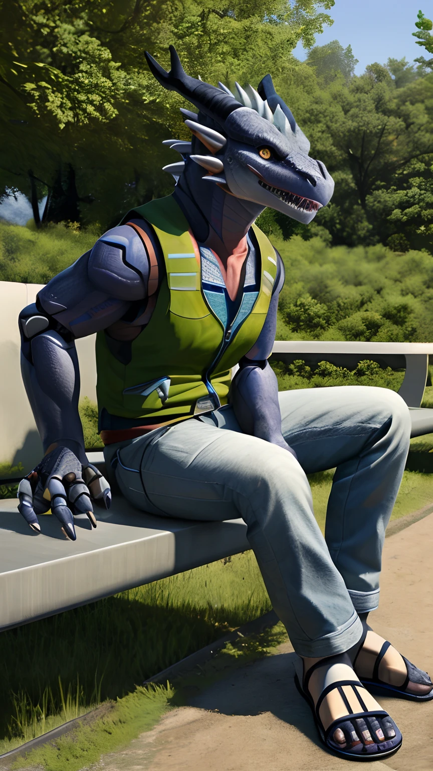 Bionic robot dragon，female，Gilet blanc，short white pants，sandals，Sit on a couch in the park，HD graphics，Detailed and realistic，high detal，high qulity，photo-realistic，photorealistic eye，Detailed paws，Clear eyes，Masterpiece artwork，Five-fingered hands