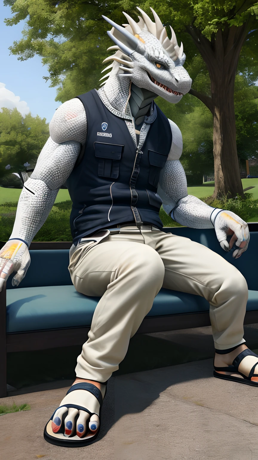 Bionic robot dragon,female,Gilet blanc,short white pants,sandals,Sit on a couch in the park,HD graphics,Detailed and realistic,high detal,high qulity,photo-realistic,photorealistic eye,Detailed paws,Clear eyes,Masterpiece artwork,Five-fingered hands