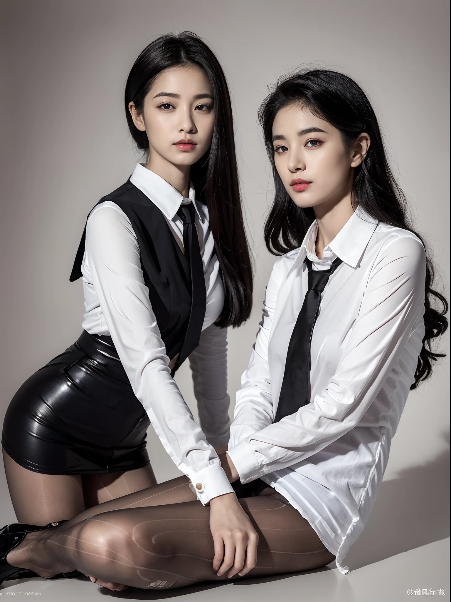 ,(RAW photo:1.2), (Photorealistic:1.4),Beautiful detailed woman， very detailed eyes and faces, A detailed eye, ultra - detailed, A high resolution, The is very detailed，best qualtiy，illustratio，unified，8k 壁纸，tmasterpiece，best qualtiy，1girll,solo,black color hair,upper legs,tiese,The shirt,sitted,white  shirt,black thighhigns,high-heels,looking at viewert,realisticlying,long whitr hair,black necktie,Artist name,collared shir,Black shoes