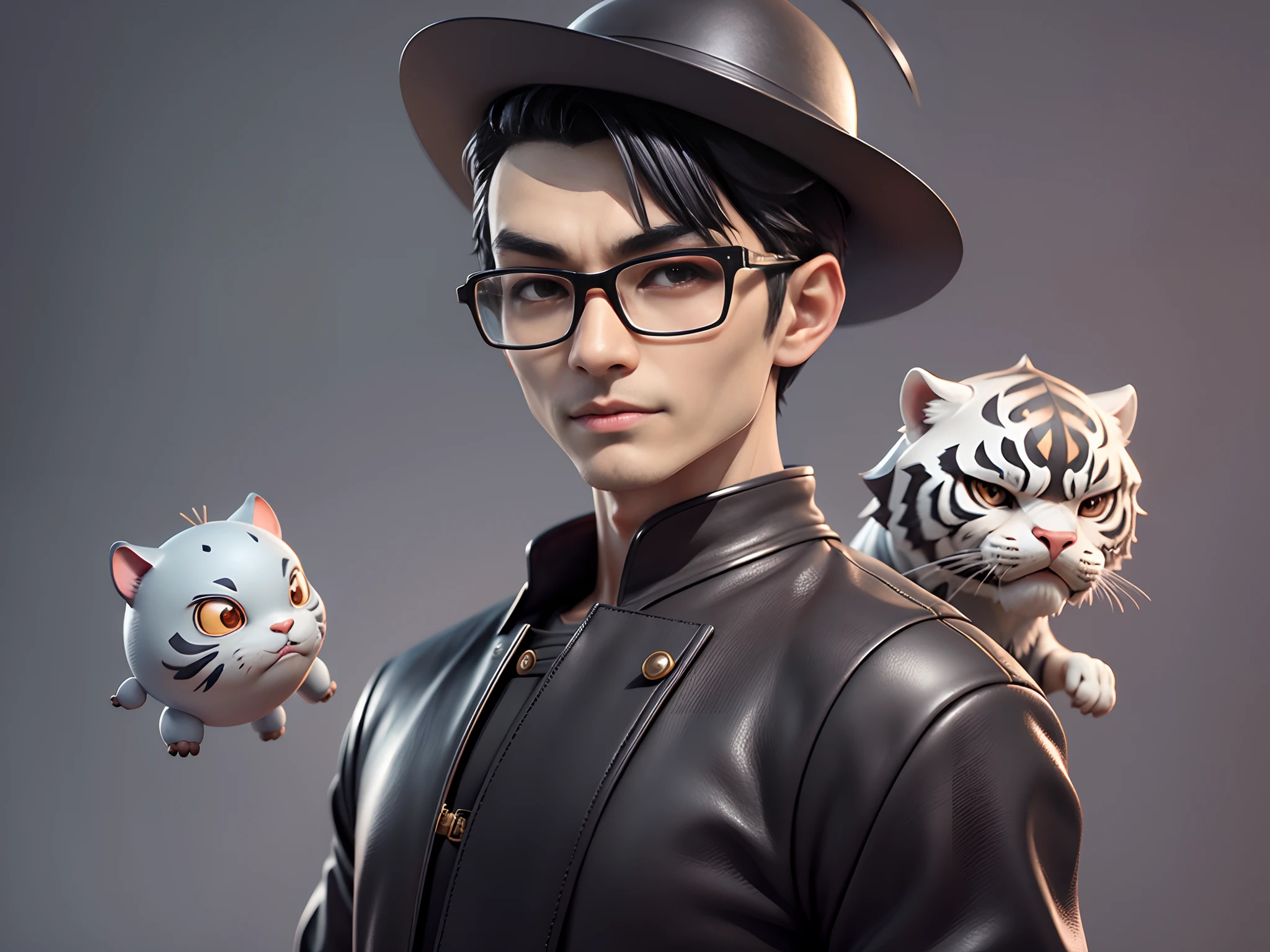 Young man with oriental face in leather hat, tiger, oriental face in formal suit, short black hair, silver glasses, digital painting, 3D character design by Mark Clairedon and Pixar and Hayao Miyazaki and Akira Toriyama, the illustration is a high-definition illustration in 4K resolution with very detailed facial features and cartoon-style visuals.