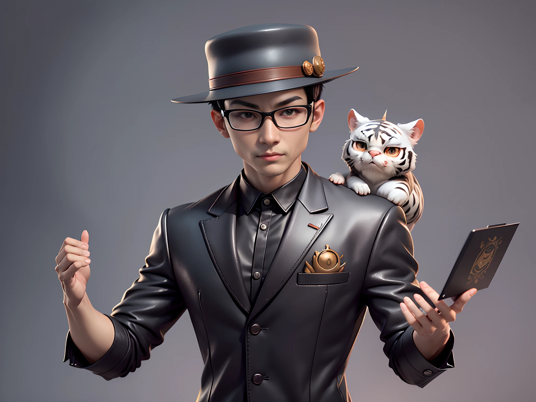 Young man with oriental face in leather hat, tiger, oriental face in formal suit, short black hair, silver glasses, digital painting, 3D character design by Mark Clairedon and Pixar and Hayao Miyazaki and Akira Toriyama, the illustration is a high-definition illustration in 4K resolution with very detailed facial features and cartoon-style visuals.