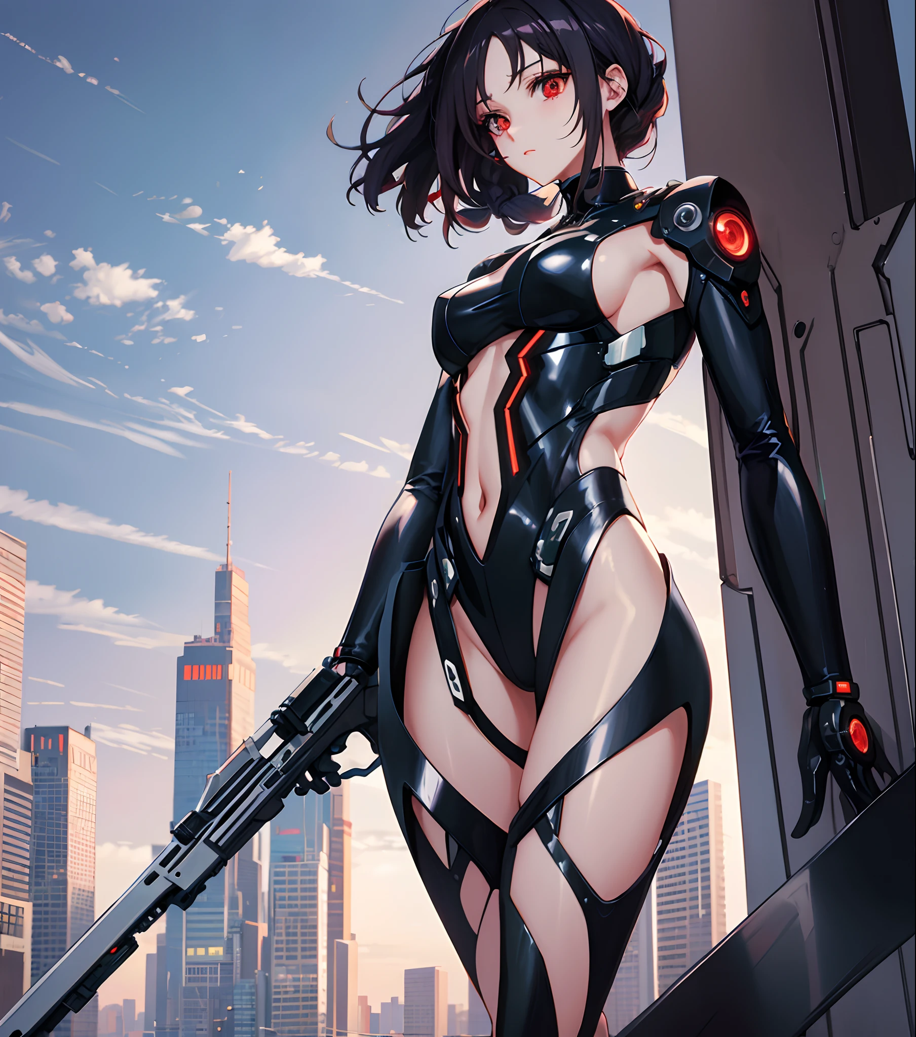 (masterpiece:1.5),(bestquality),highlydetailed,ultra-detailed,1girl,bishoujo,stare,red eyes,(beautiful detailed eyes:1.2),(long hair:0.8),(white hair:silver_hair:0.5),(Wing-like bangs:ahoge),Dull hair,(Medium chest: C cup:0.7),Hair rings,braid,cold,Anime girl standing on windowsill of city with gun, Anime cyberpunk moderno, cyberpunk anime art, cyberpunk anime girl mech, anime cyberpunk art, cyberpunk anime girl, Digital cyberpunk anime art, female cyberpunk anime girl, modern sci-fi anime, anime cyberpunk, digitl cyberpunk - anime art, In animation《Fantasma na Concha》Curly, gits anime