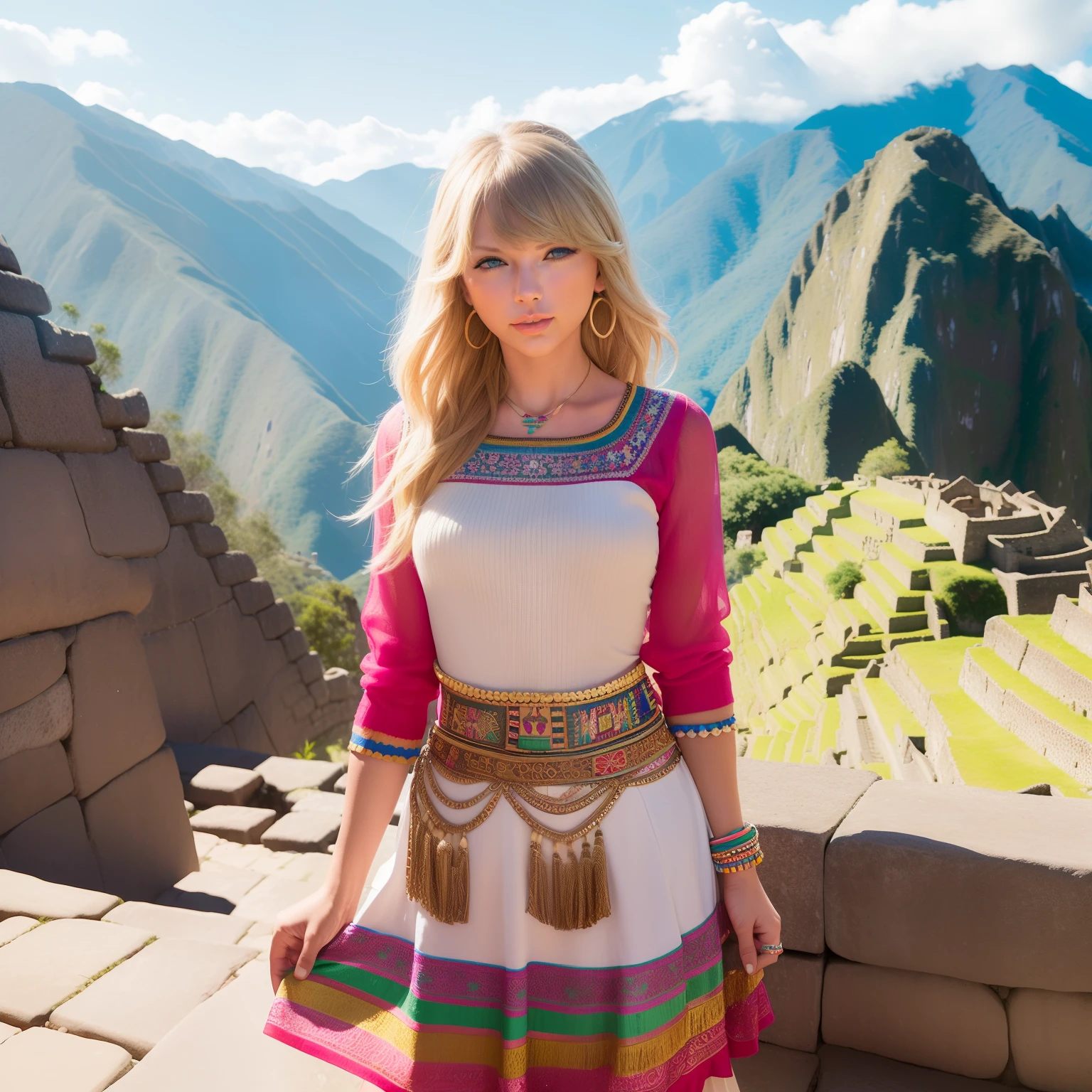 Taylor Swift: In the ancient city of Machu Picchu in Peru, sorprende con un audaz y colorido conjunto tradicional peruano. Adornado con patrones intrincados y textiles vibrantes, pay homage to the region's indigenous culture as you explore the majestic ruins nestled in the Andes Mountains.